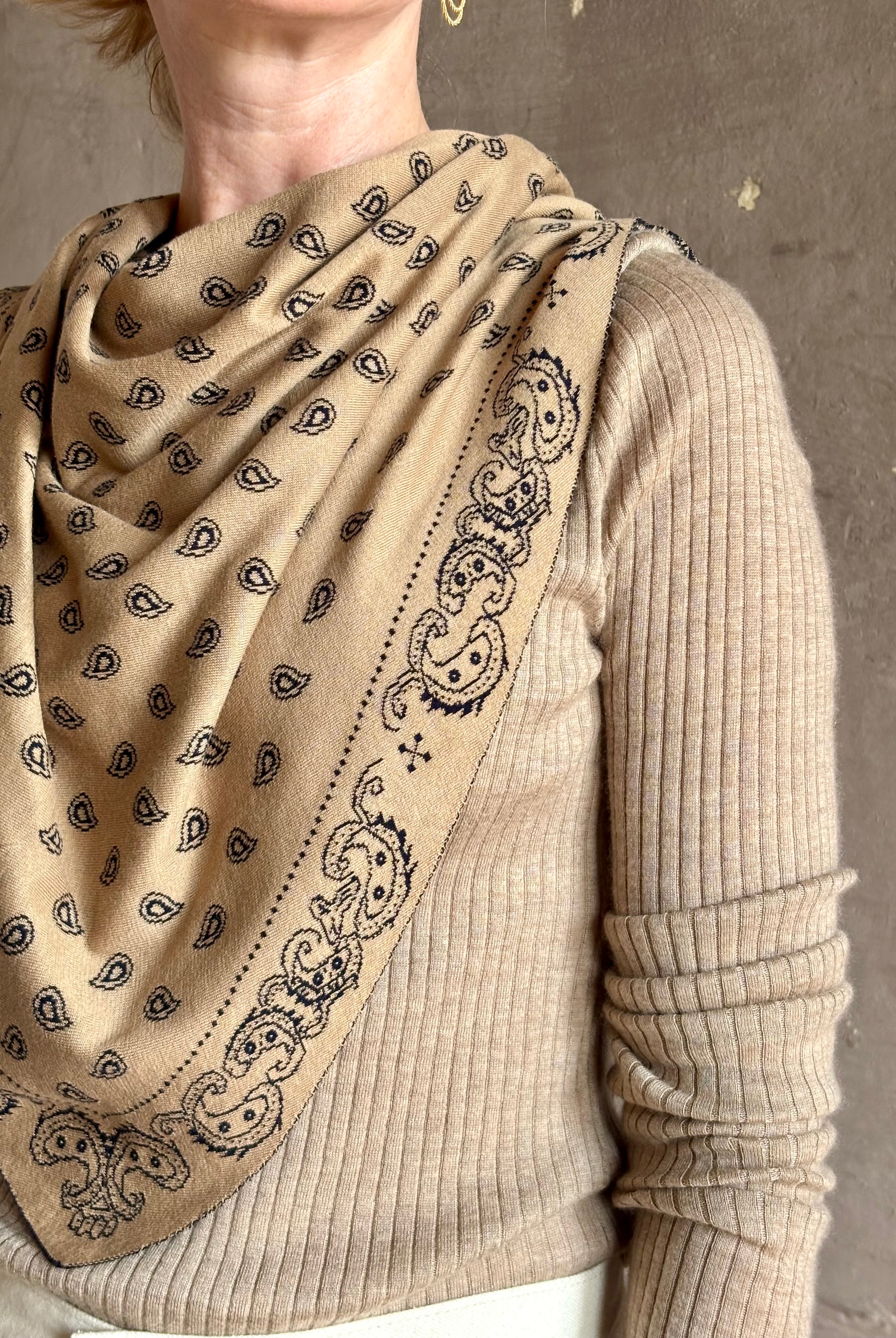 Detail of cotton silk Guest in Residence The Wild Rag camel brown patterned bandana triangle reversible scarf