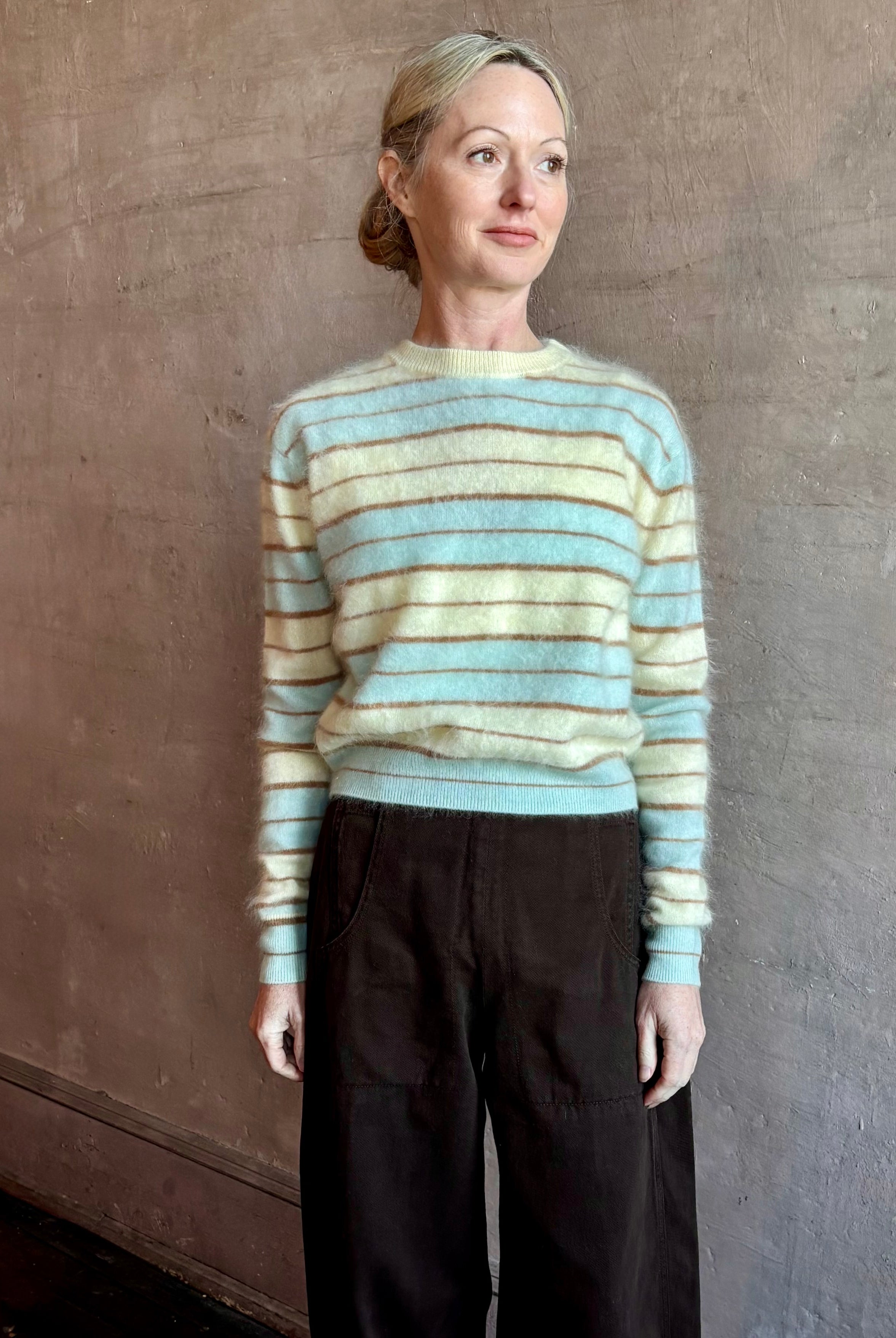 GUEST IN RESIDENCE Grizzly Stripe Crew Sweater in Seaglass Combo - Premium Brushed Cashmere Luxury Knitwear