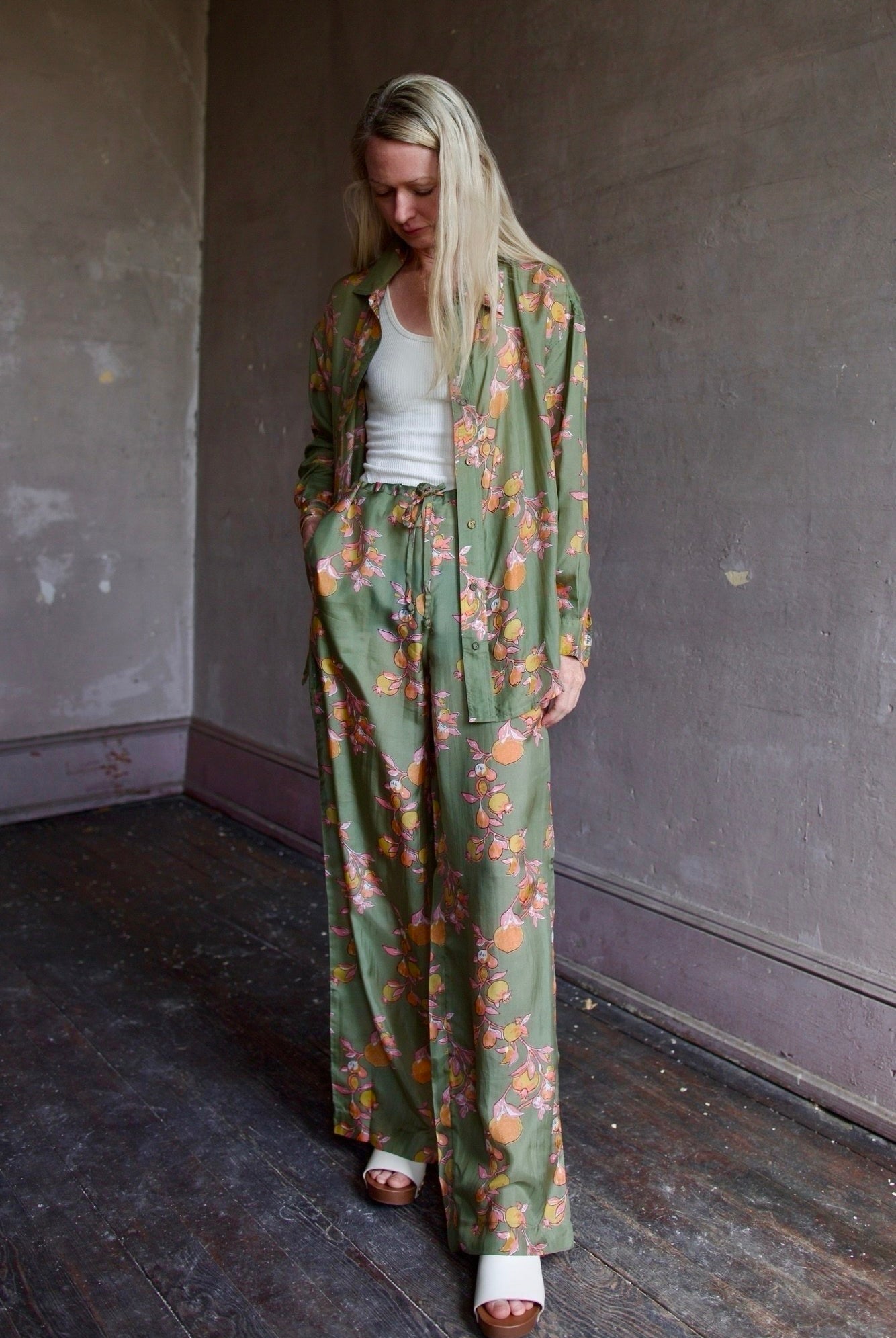 Image of a woman wearing the Hannah Artwear Azra Pant and Stevie Shirt