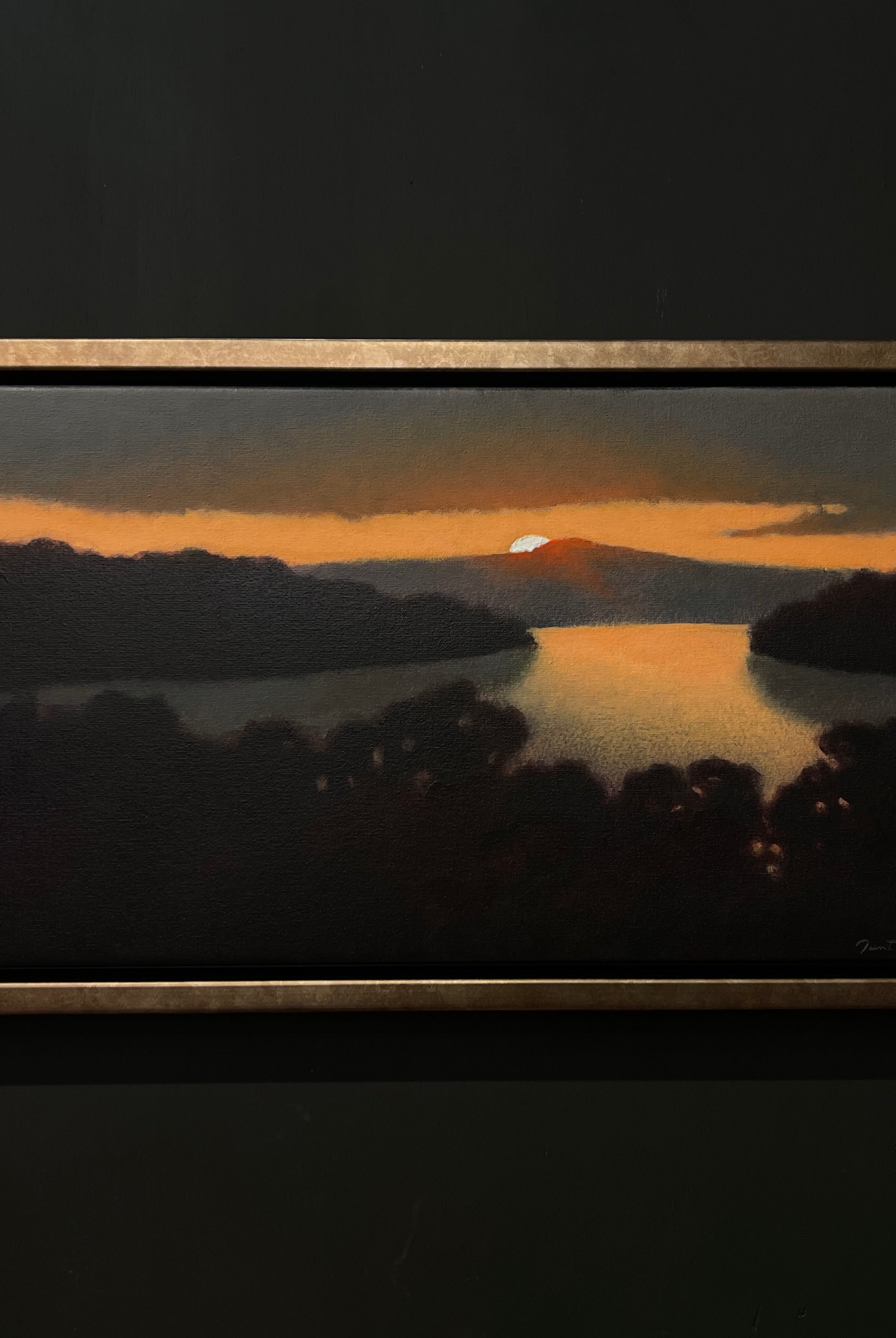 Image of setting sun on water from local North Carolina fine art oil painter Janet Green Jacobson framed and signed