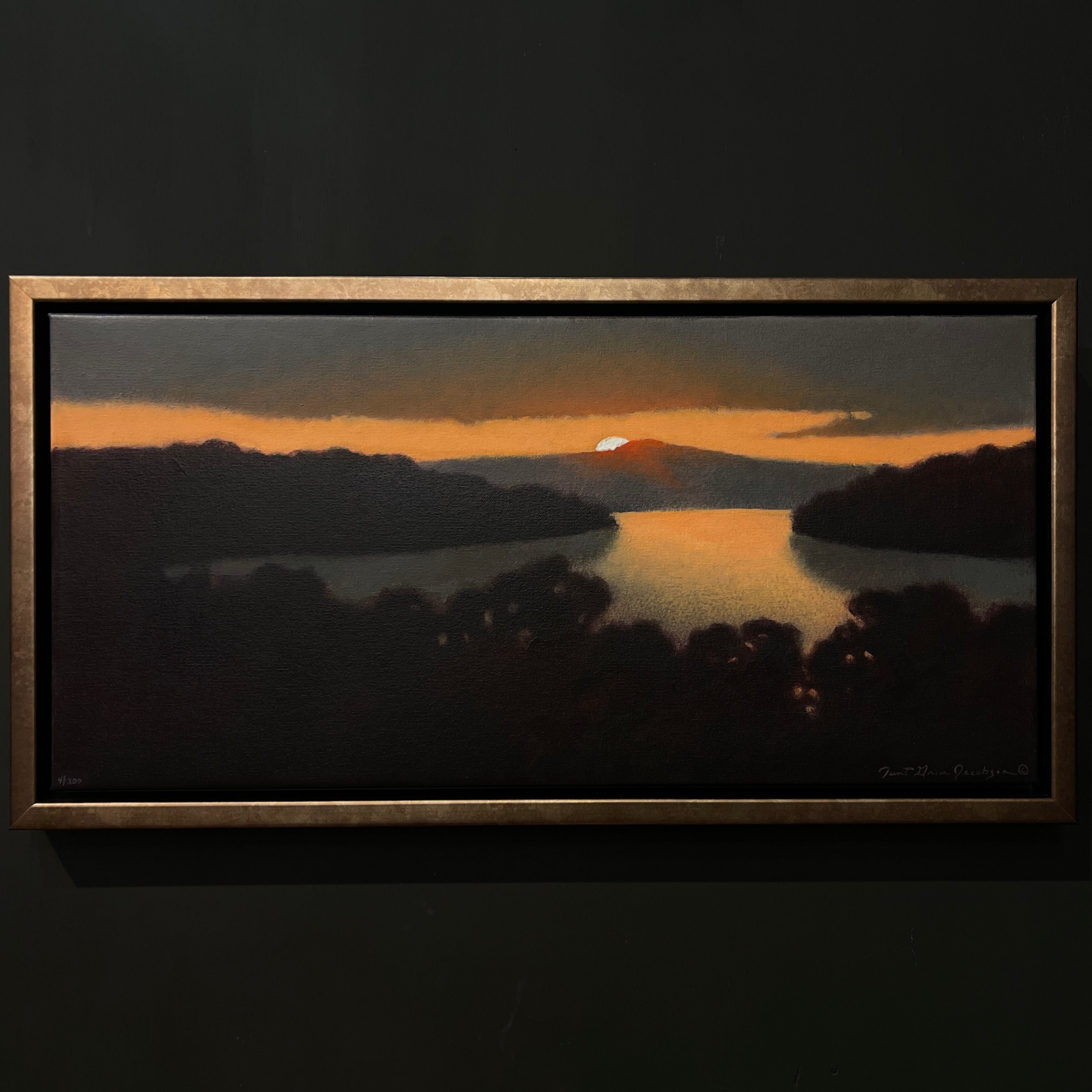 Image of setting sun on water from local North Carolina fine art oil painter Janet Green Jacobson framed and signed