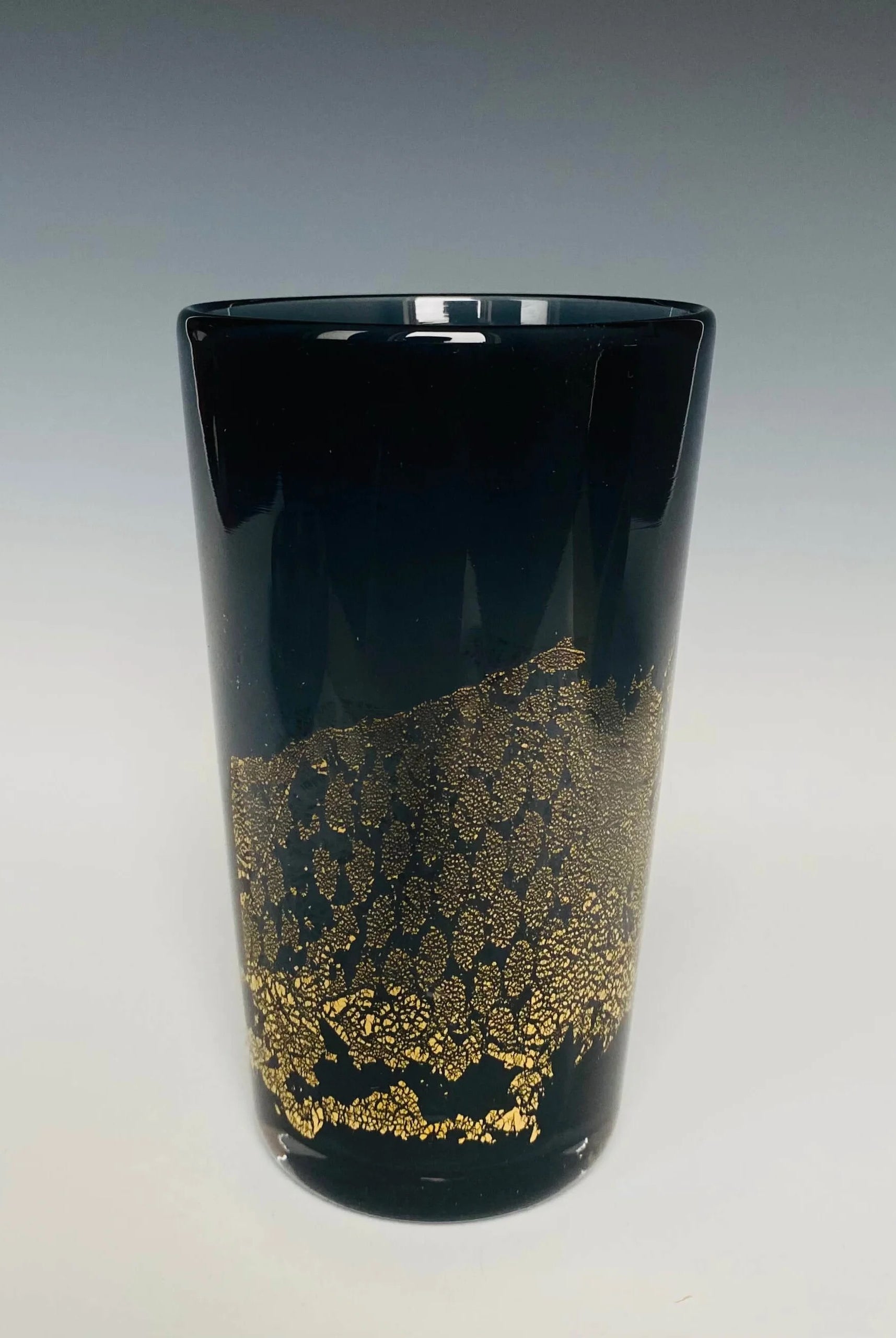 Handblown Black Glass Tumbler from North Carolina aritist John Shoemaker with gold leaf and made in USA