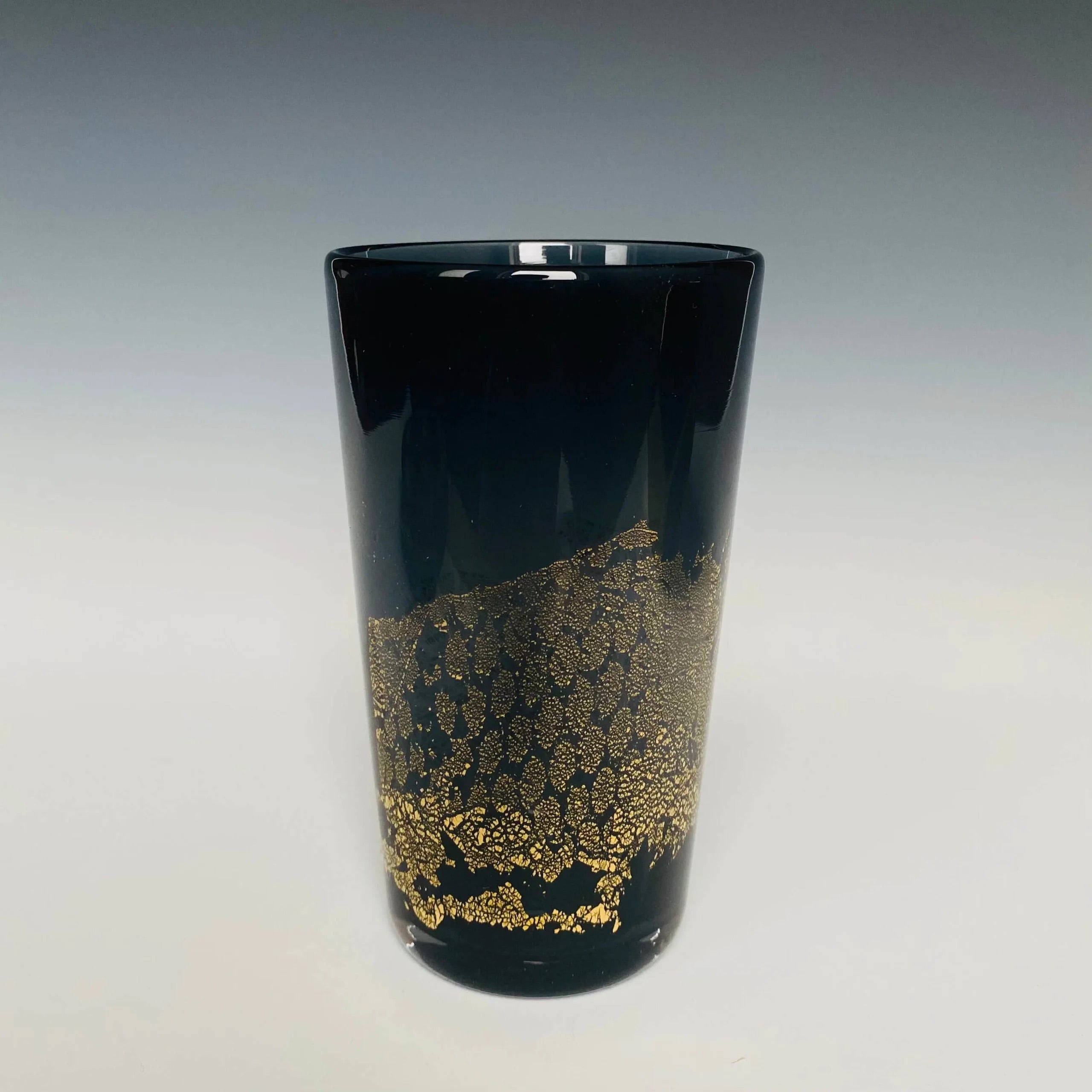 Handblown Black Glass Tumbler from North Carolina aritist John Shoemaker with gold leaf and made in USA