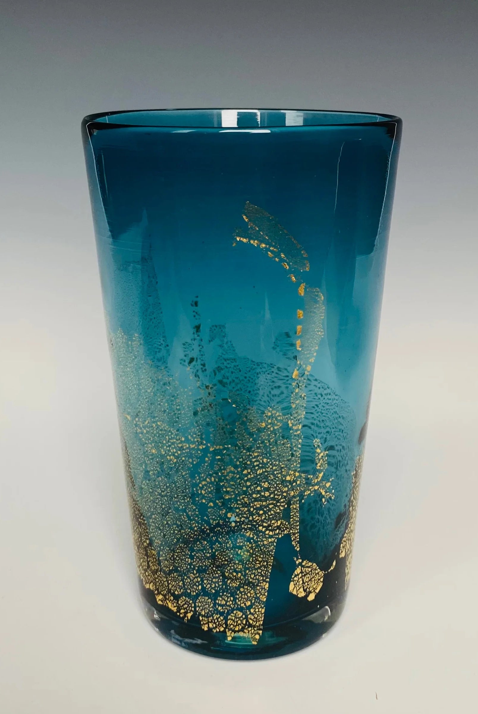 Handblown Blue Glass Tumbler from North Carolina aritist John Shoemaker with gold leaf and made in USA