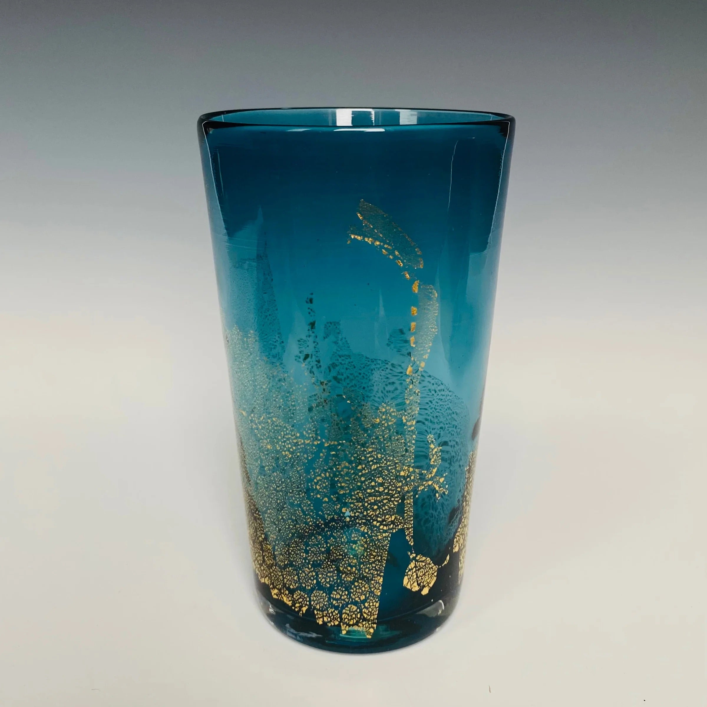 Handblown Blue Glass Tumbler from North Carolina aritist John Shoemaker with gold leaf and made in USA