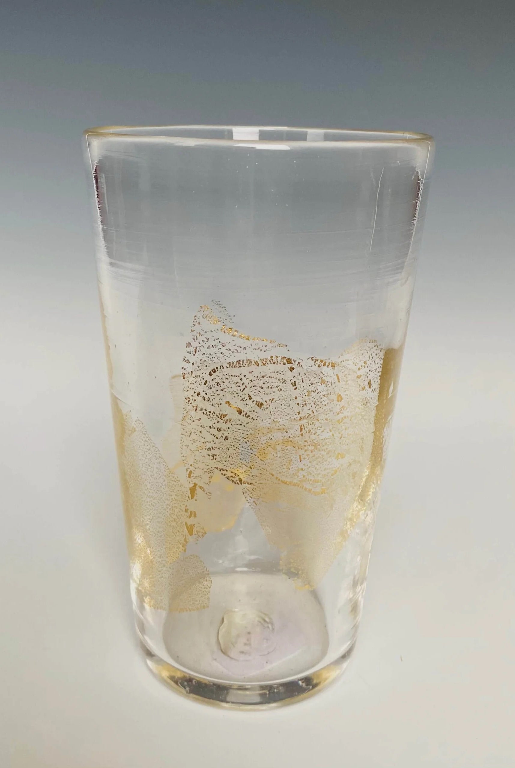 Handblown clear Glass Tumbler from North Carolina aritist John Shoemaker with gold leaf and made in USA