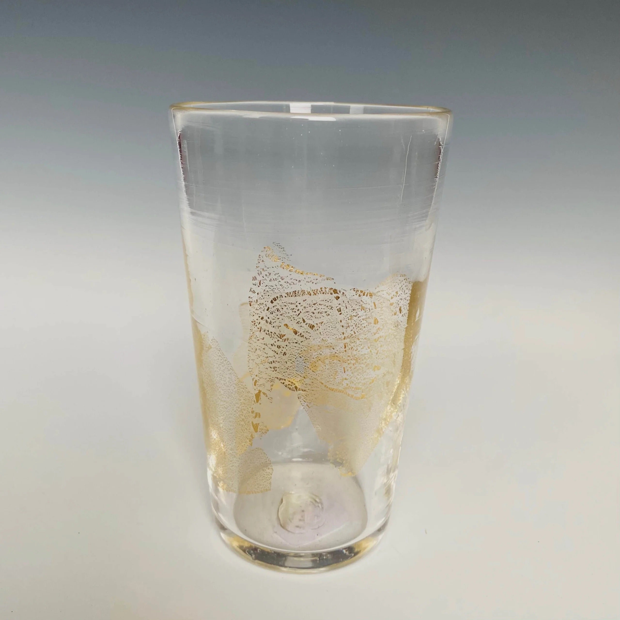 Handblown clear Glass Tumbler from North Carolina aritist John Shoemaker with gold leaf and made in USA