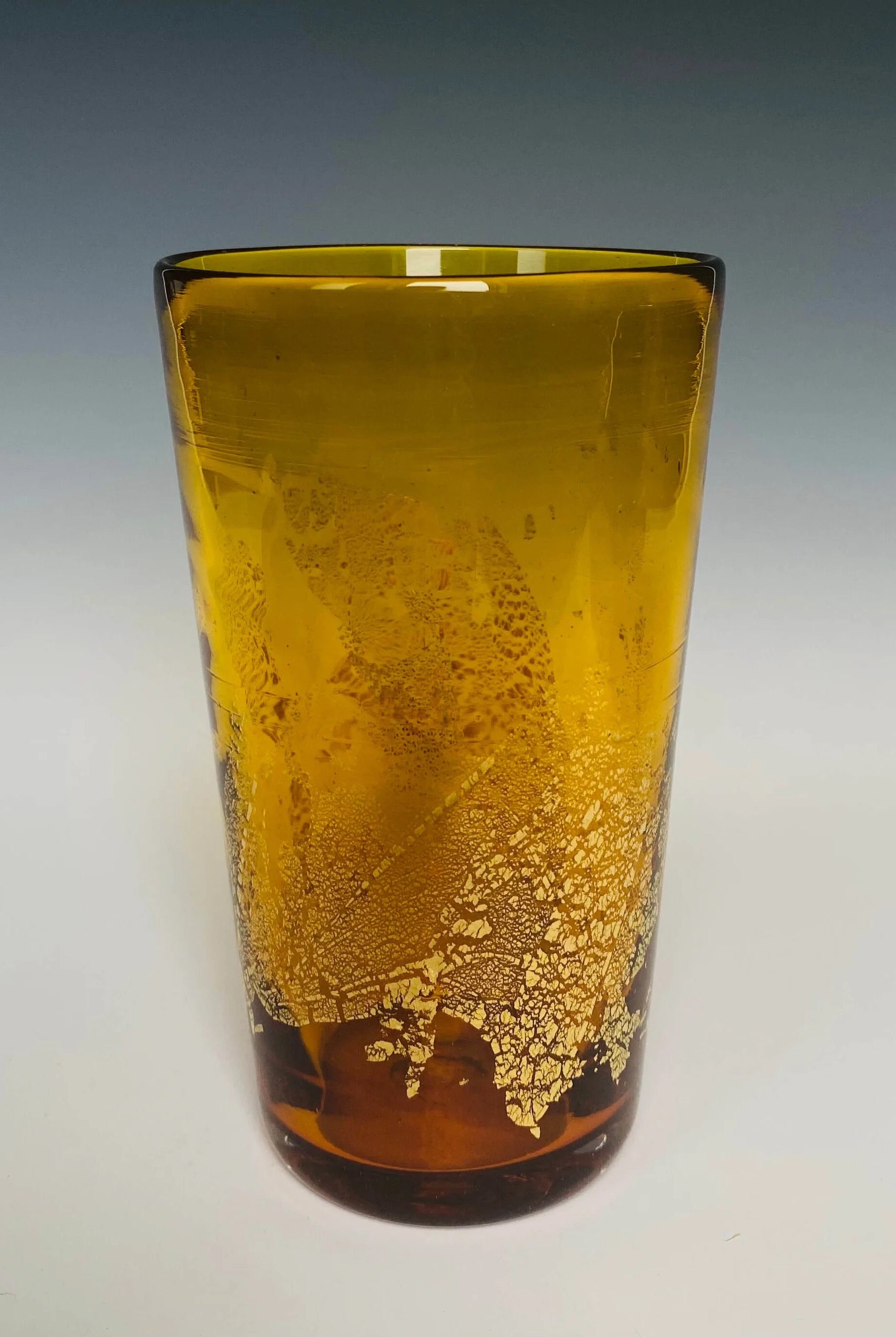 Handblown Yellow Glass Tumbler from North Carolina aritist John Shoemaker with gold leaf and made in USA