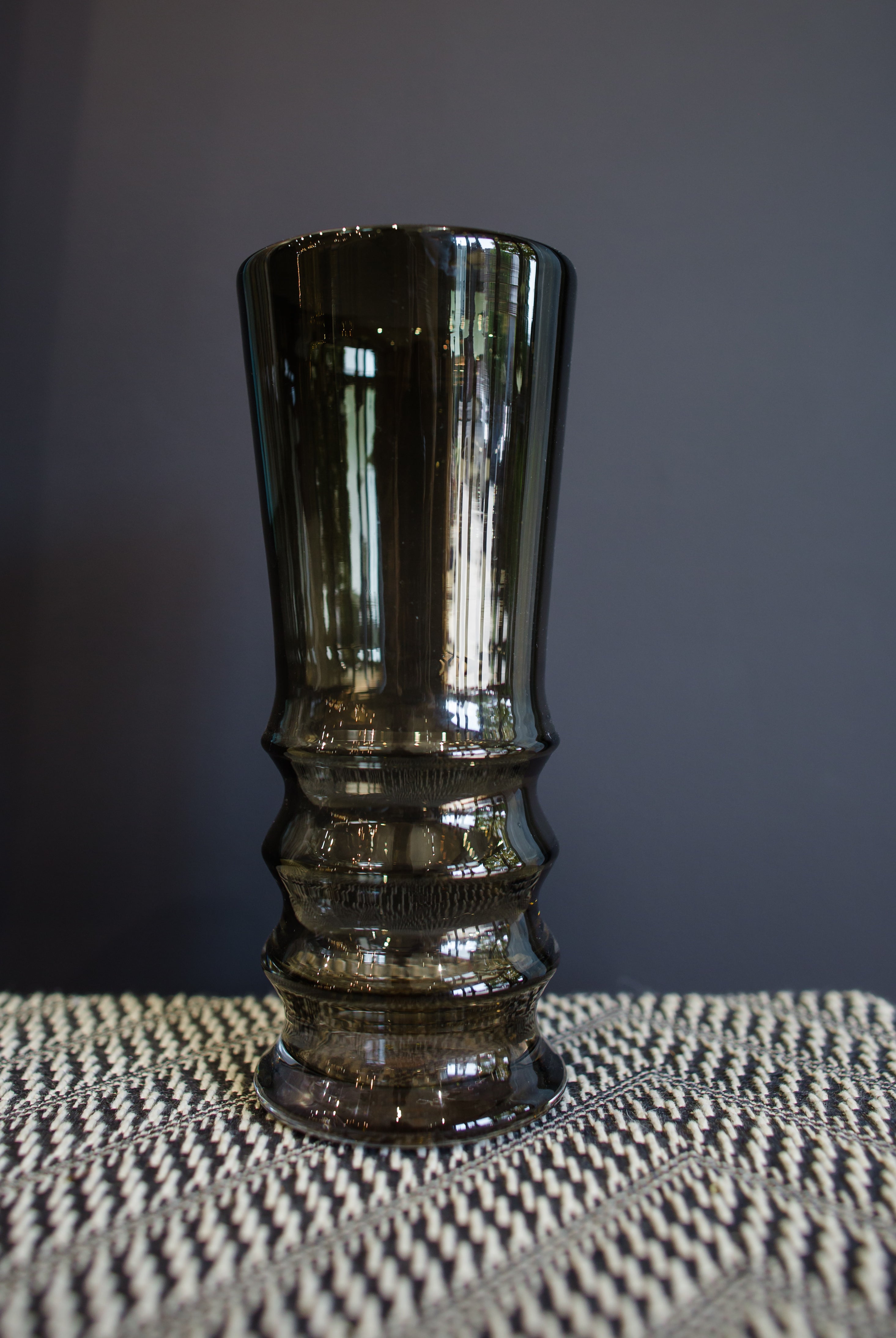 Hand blown glass tulip Vase from North Carolina artist John Shoemaker in modern olive green color made in USA