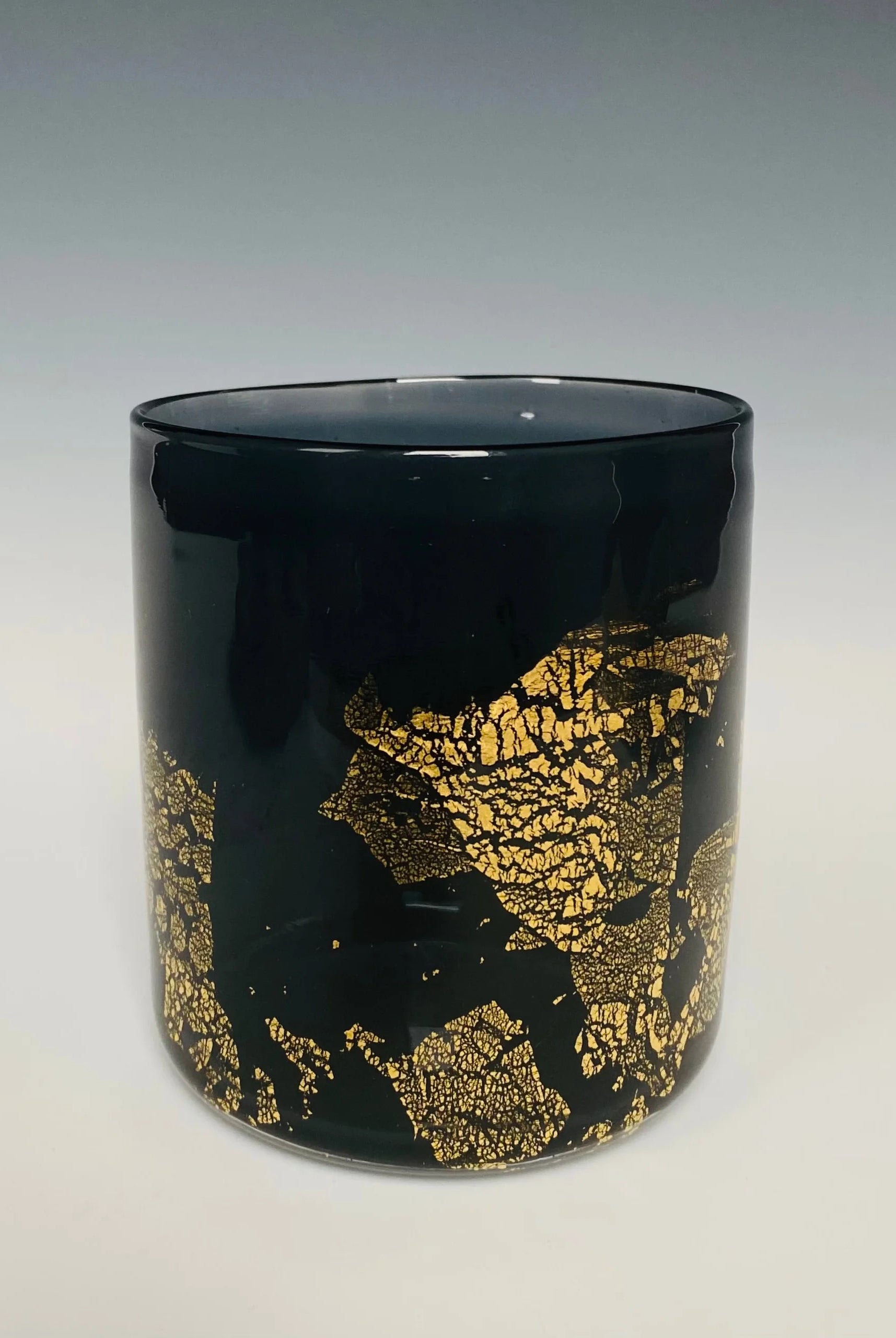 Image of a grey glass with 18k gold hand blown rocks glass made in USA by North Carolina glass artist John Shoemaker