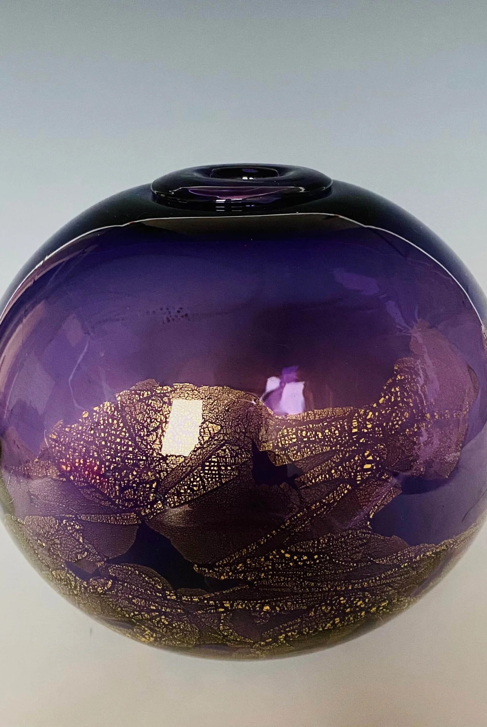 Small purple Glass sculptural Orb from John Shoemaker, a hand blown classic spherical vessel with gold leaf made in USA