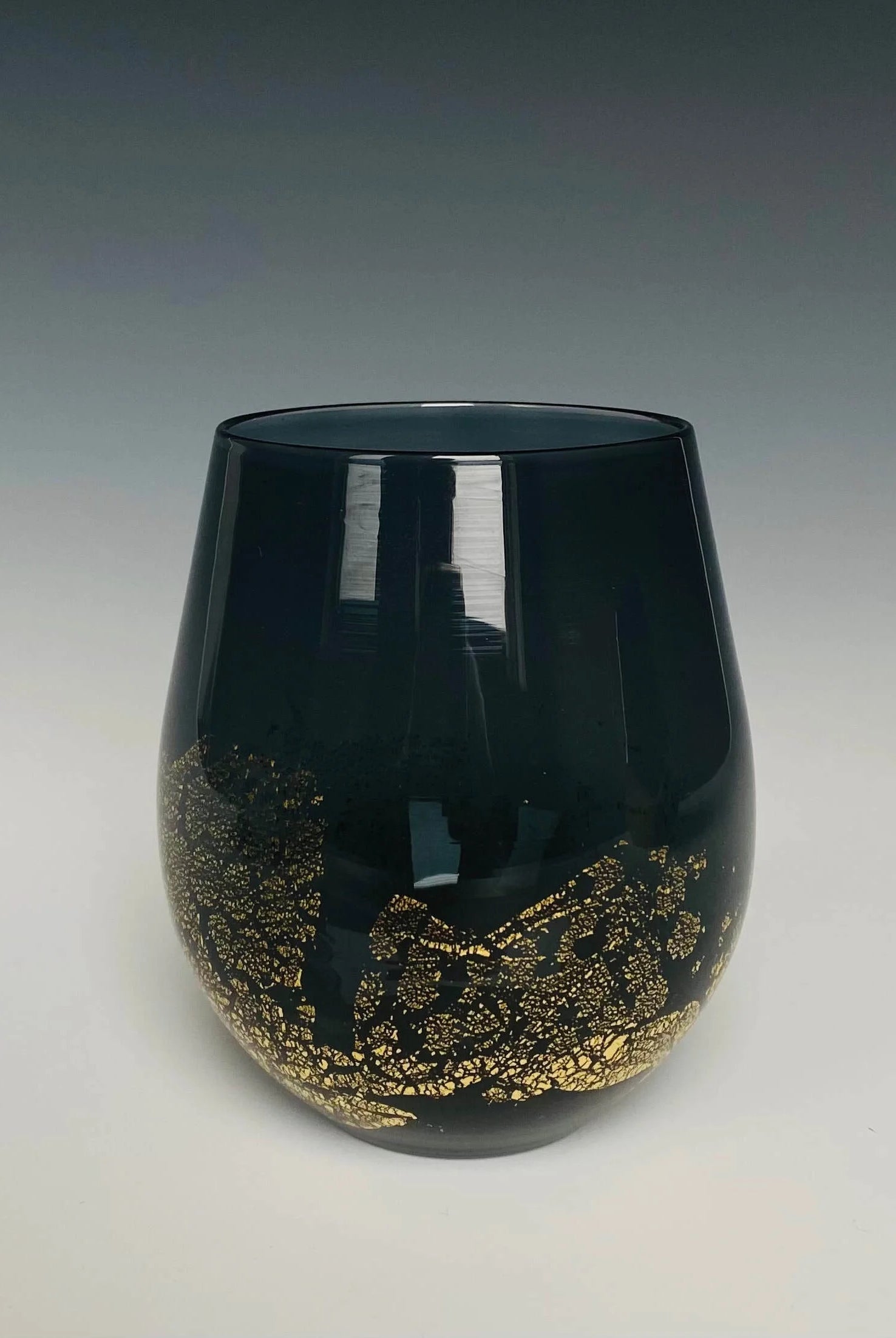 Handblown Stemless black wine Glass from North Carolina aritist John Shoemaker with gold leaf and made in USA