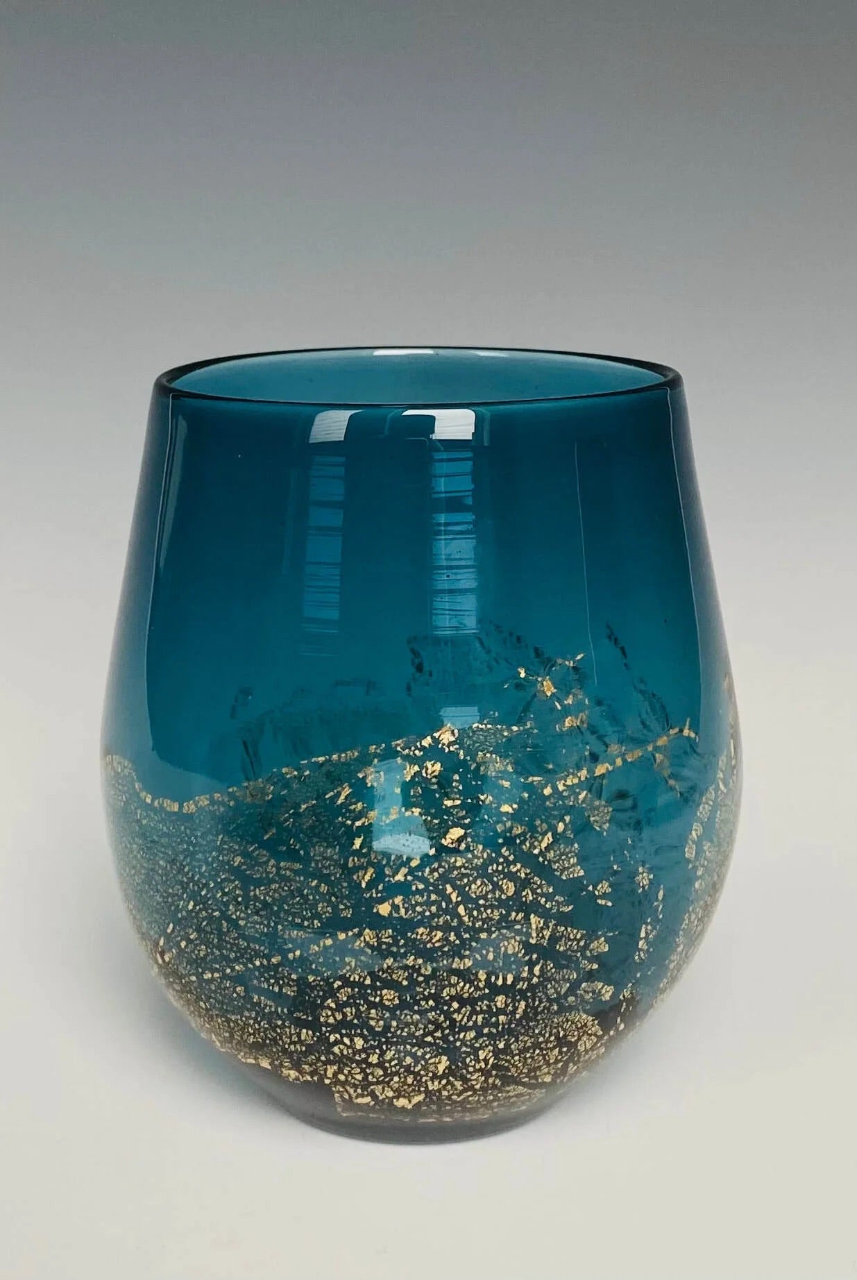 Handblown Stemless blue Wine Glass from North Carolina aritist John Shoemaker with gold leaf and made in USA