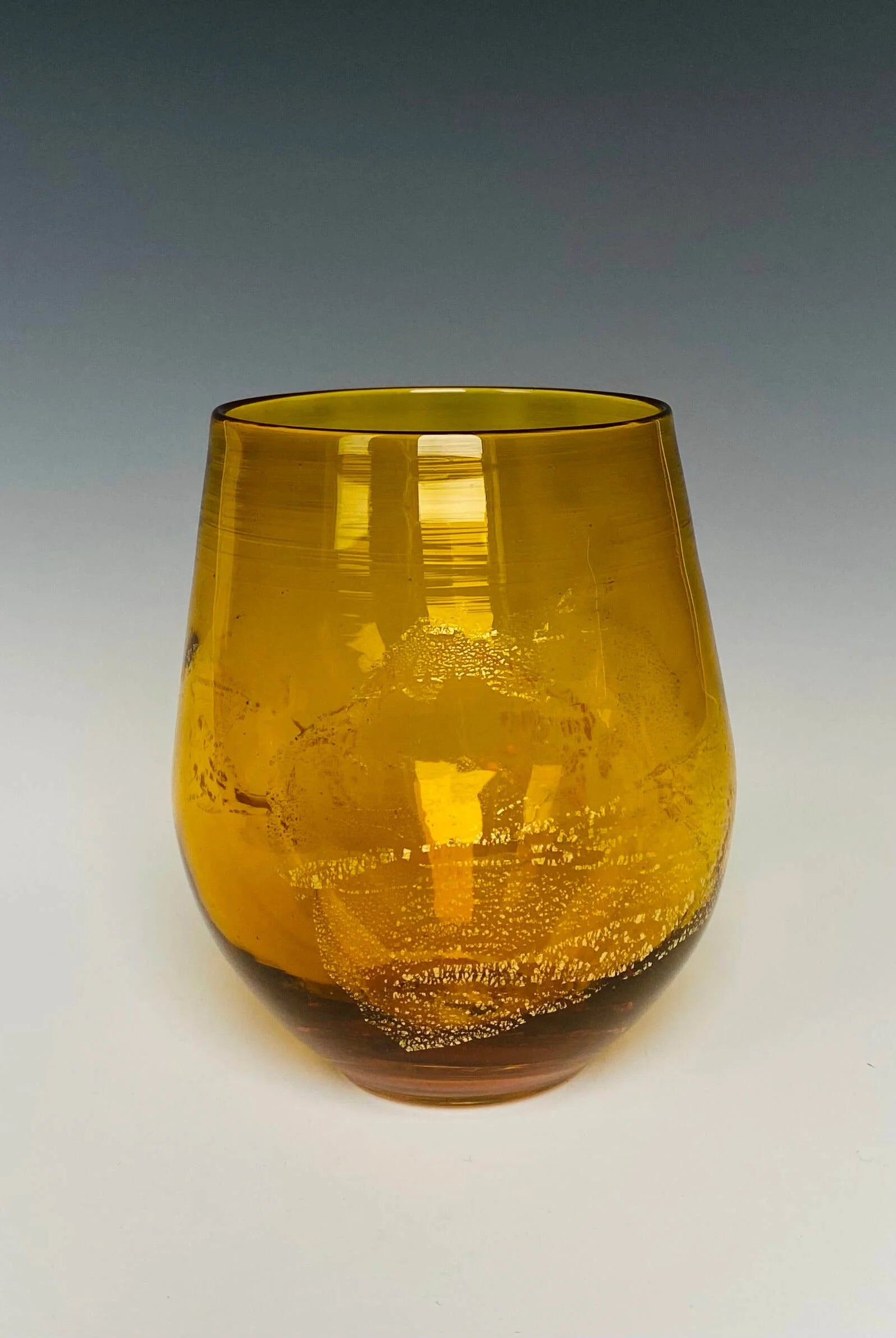 Handblown Stemless yellow Wine Glass from North Carolina aritist John Shoemaker with gold leaf and made in USA
