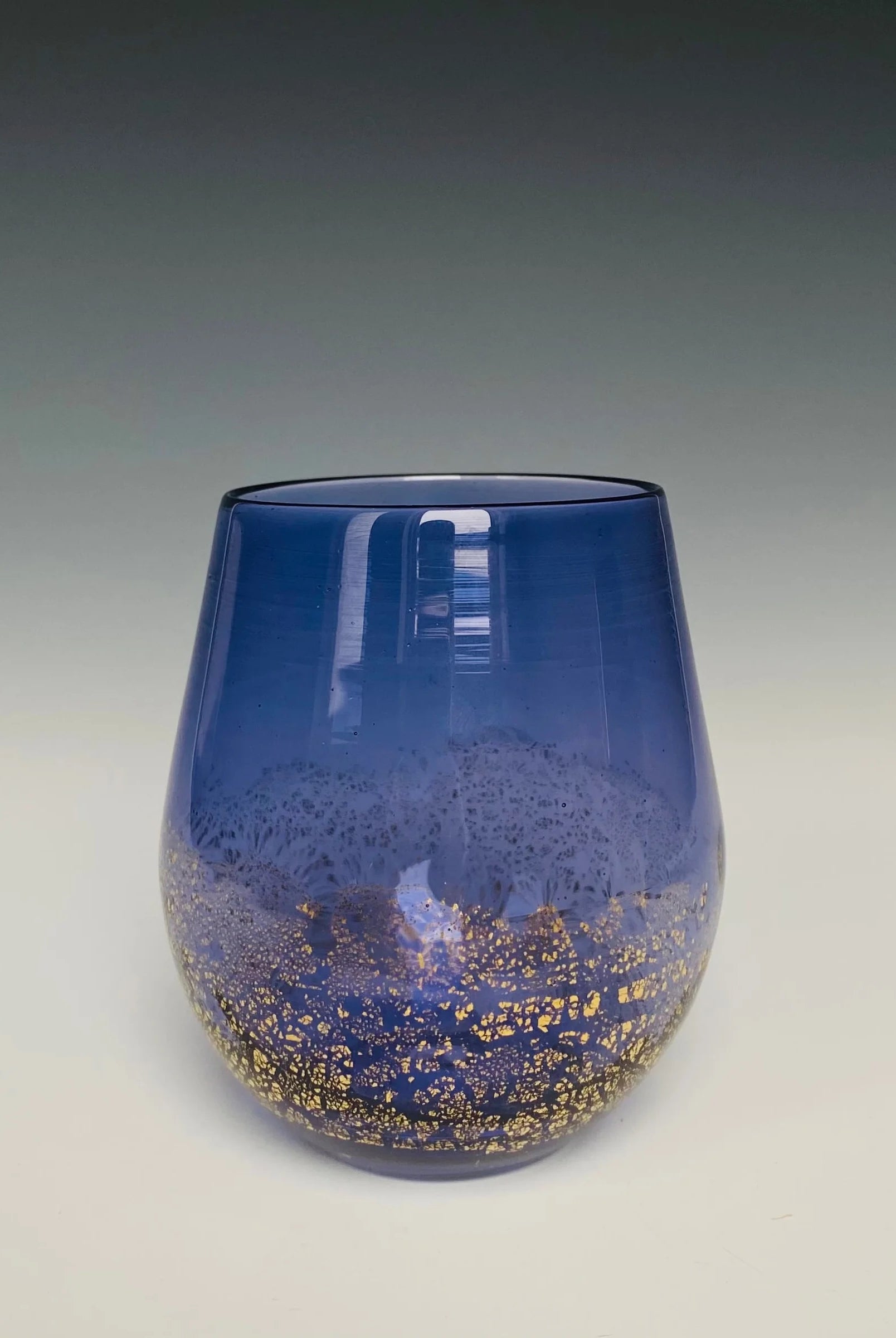Handblown Stemless purple Wine Glass from North Carolina aritist John Shoemaker with gold leaf and made in USA
