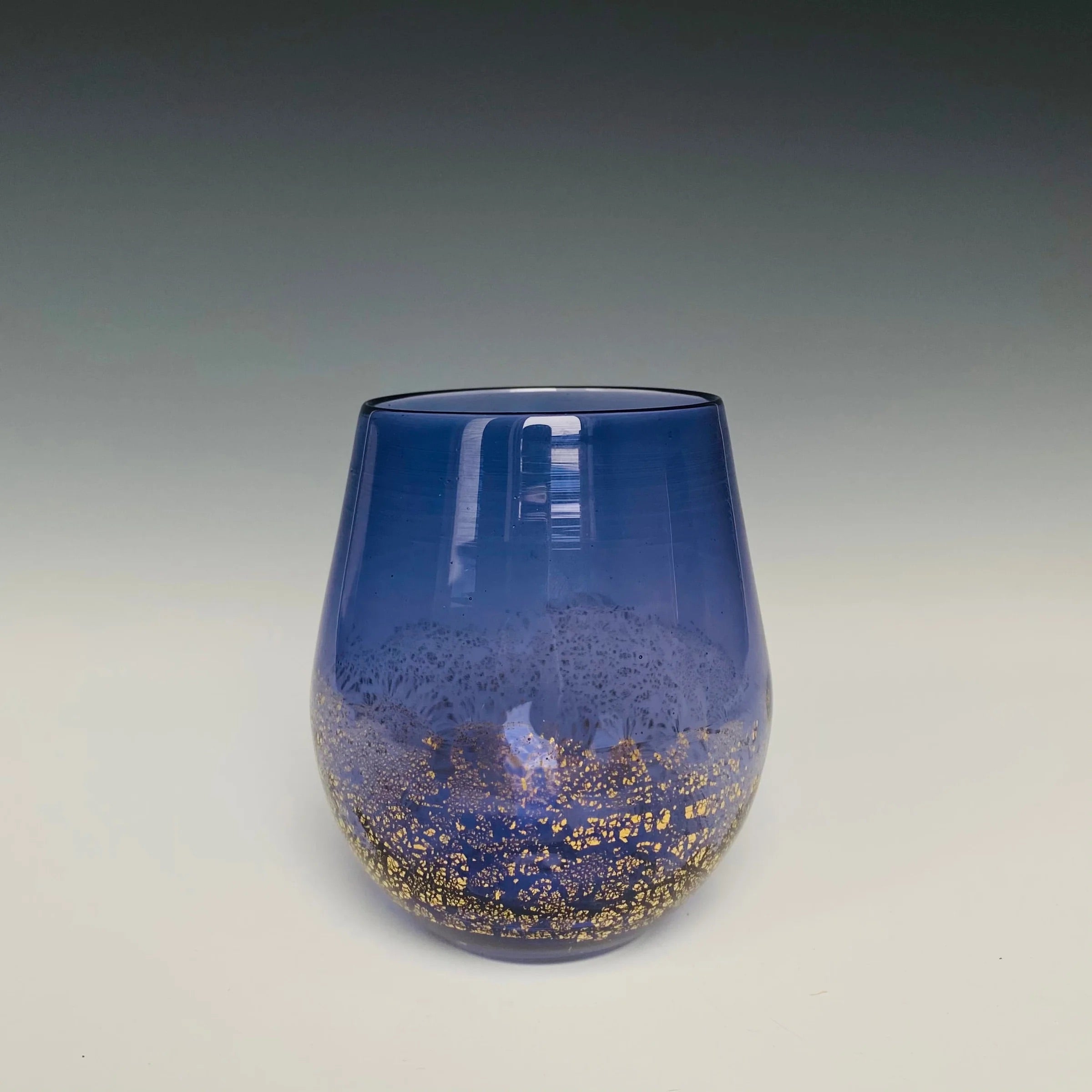 Handblown Stemless purple Wine Glass from North Carolina aritist John Shoemaker with gold leaf and made in USA