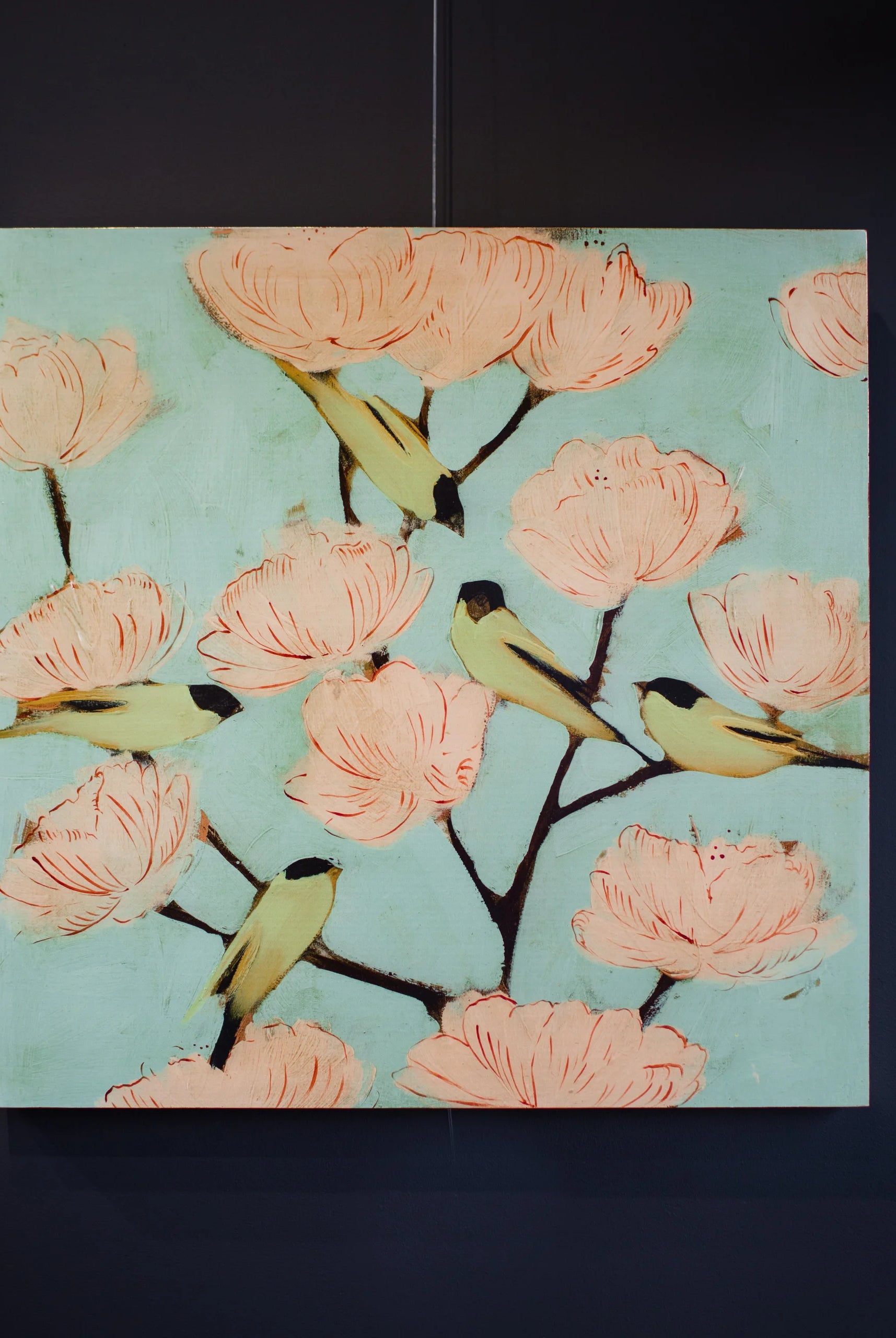 Image of gold finch and florals giclee painting with gold leaf by South Carolina fine artist Joseph Bradley
