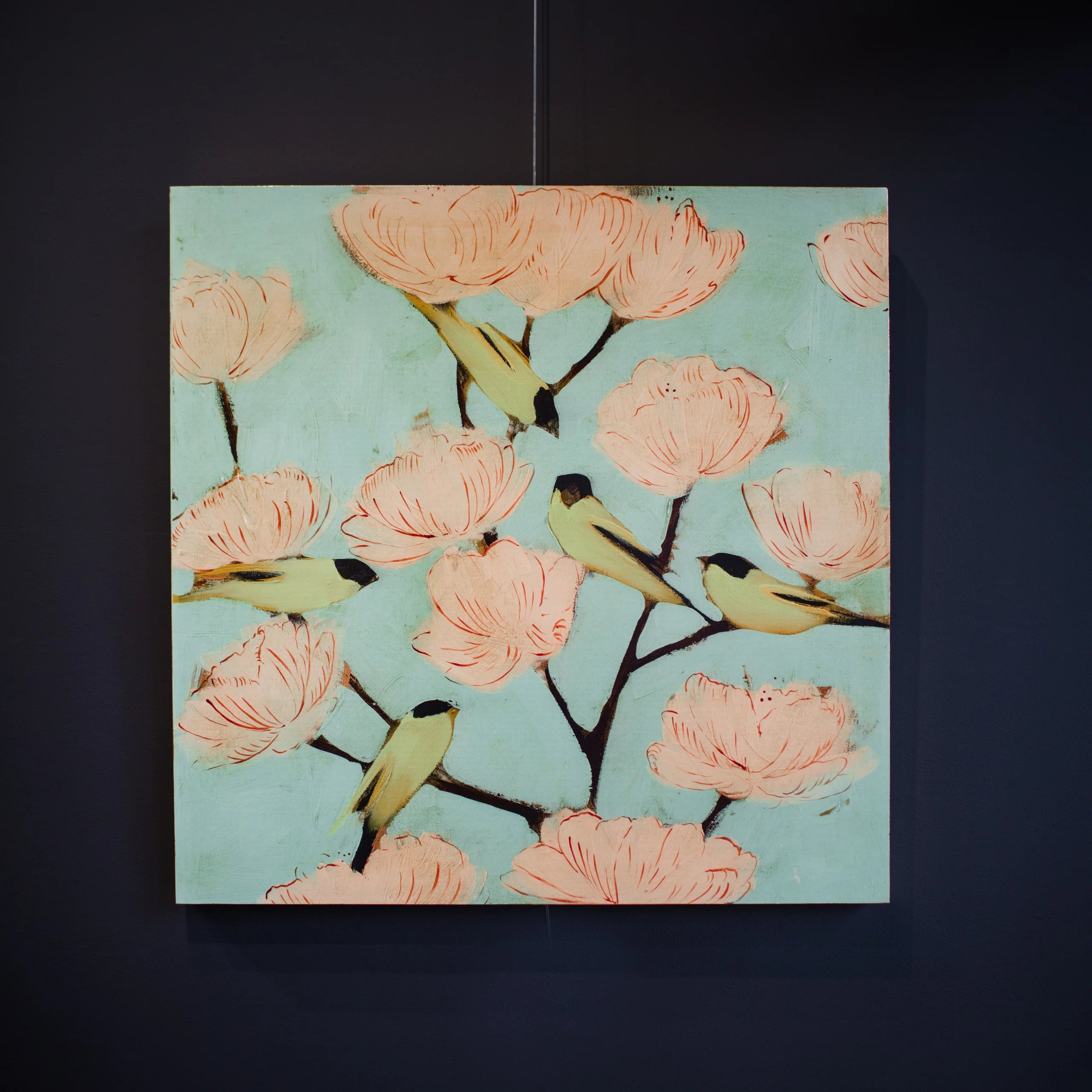 Image of gold finch and florals giclee painting with gold leaf by South Carolina fine artist Joseph Bradley