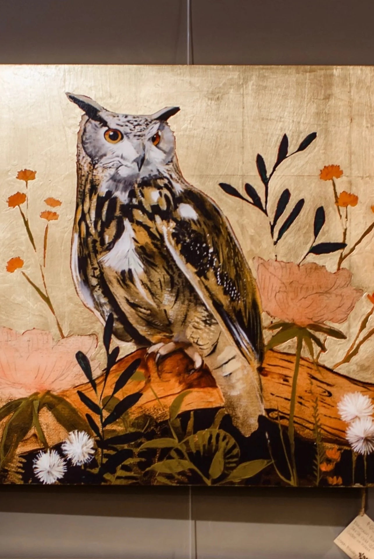 Image of owl and florals giclee painting with gold leaf by South Carolina fine artist Joseph Bradley