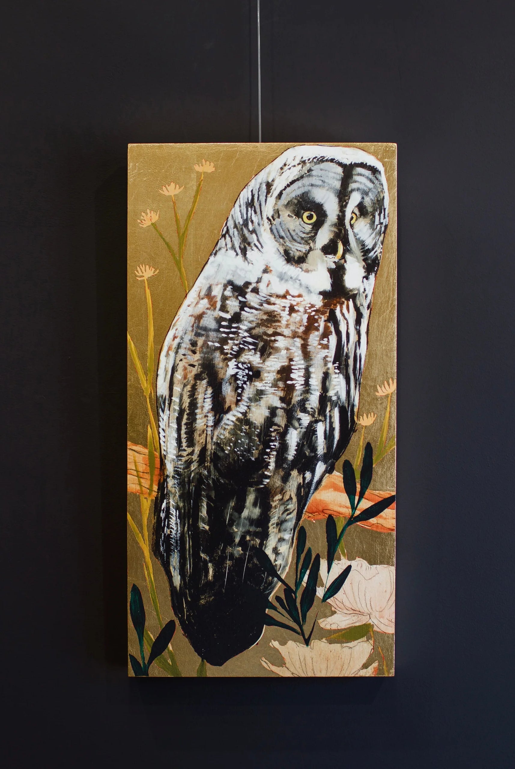 Image of owl and florals giclee painting with gold leaf by South Carolina fine artist Joseph Bradley Owl Giclee
