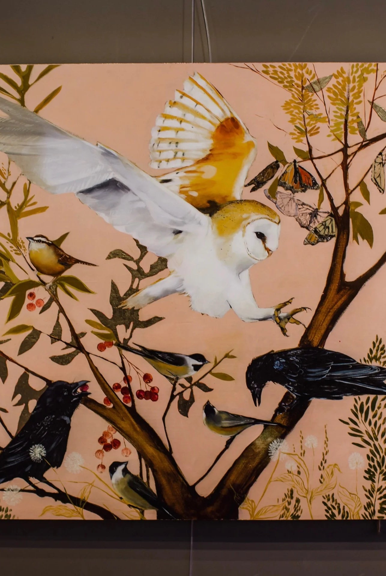 Image of owl birds crows and tree giclee painting with gold leaf by South Carolina fine artist Joseph Bradley