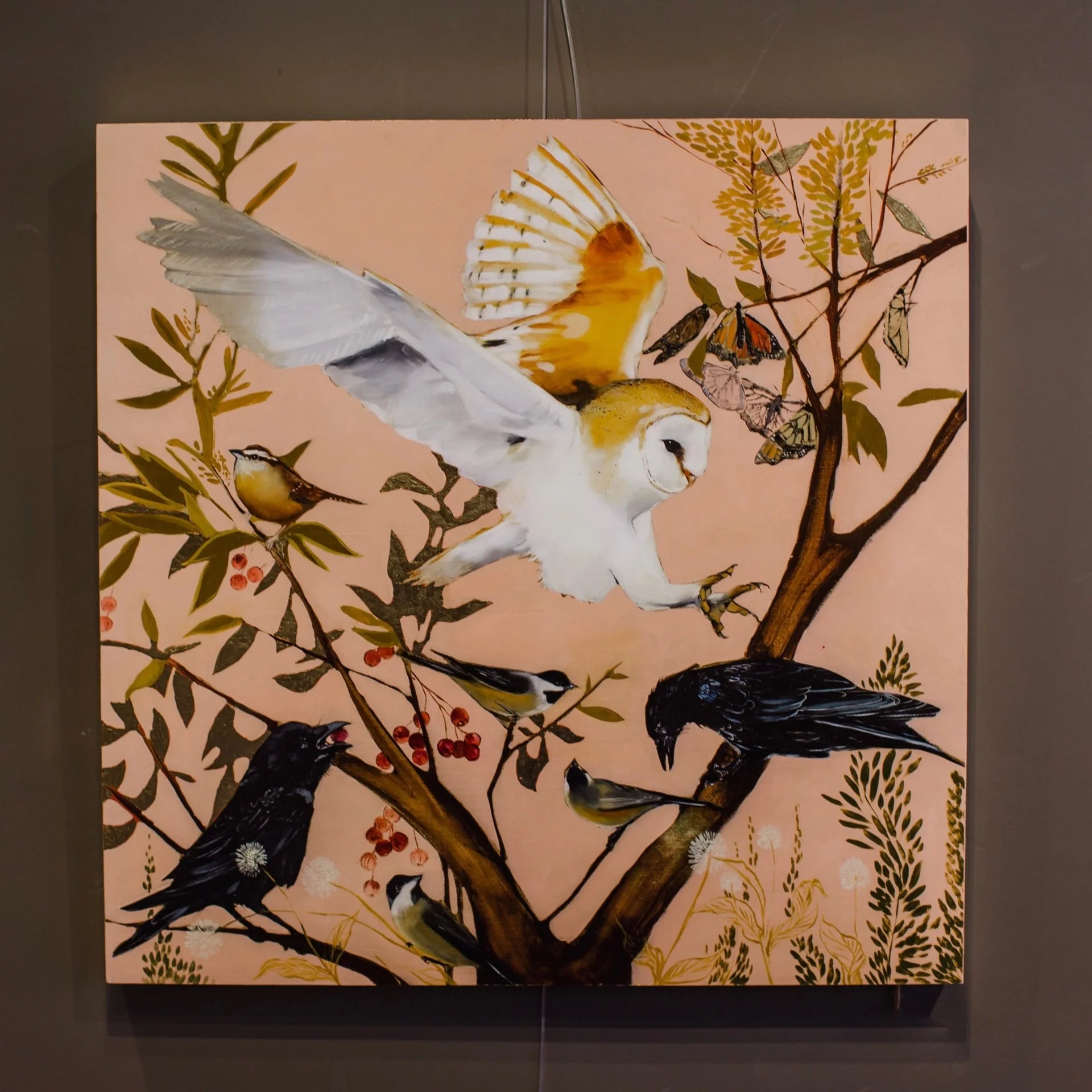 Image of owl birds crows and tree giclee painting with gold leaf by South Carolina fine artist Joseph Bradley