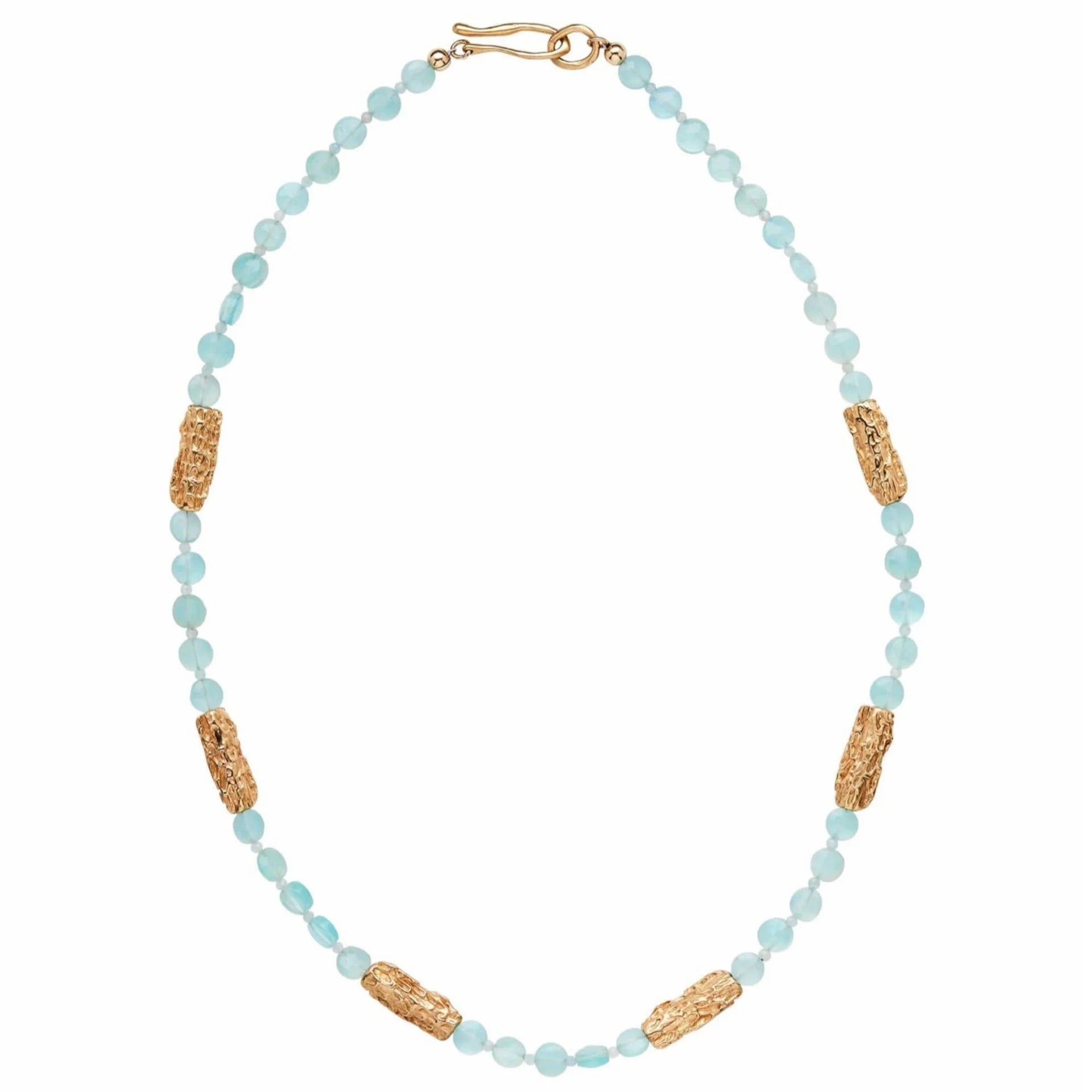 A aqua chalcedony necklace with cast bronze textured beads and bronze hook closure handmade by Texas artist Julie Cohn