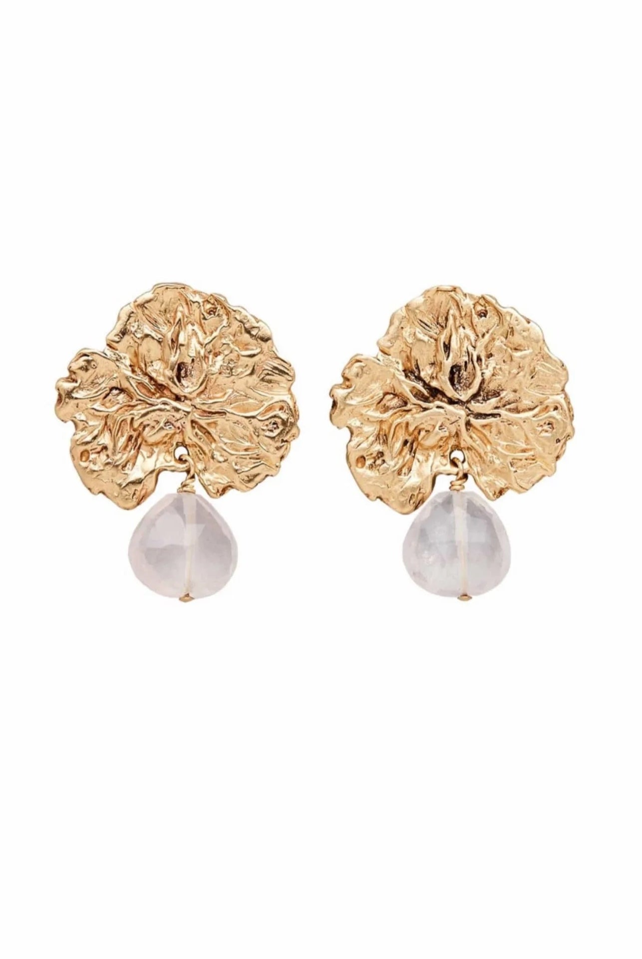 A pair of bronze earrings featuring rose quartz gemstone drops with gold filled posts handmade in USA by Texas jewelry artist Julie Cohn