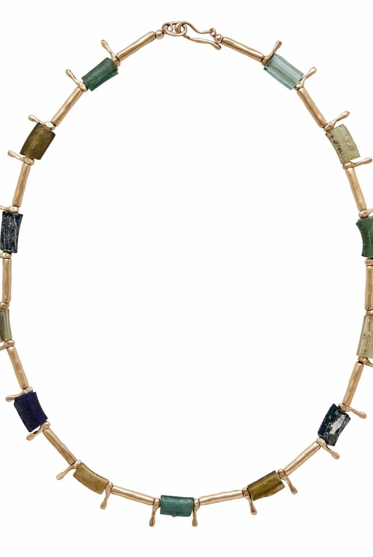 A bronze necklace featuring interspersed Byzantine glass beads in various shades of green, blue, and brown, with sand cast bronze metal accents handmade in USA by Texas jewelry artist Julie Cohn