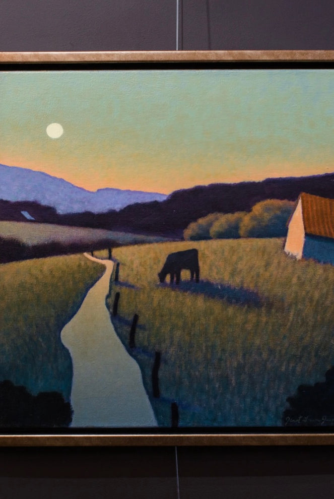 Image featuring an original oil on canvas painting by North Carolina artist Janet Green Jacobson with agrarian scene.