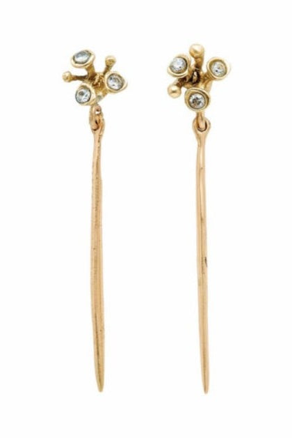 Image of pair of artist Julie Cohn Blossom Bronze Needle earrings with cubic zirconia stones on gold-filled posts.