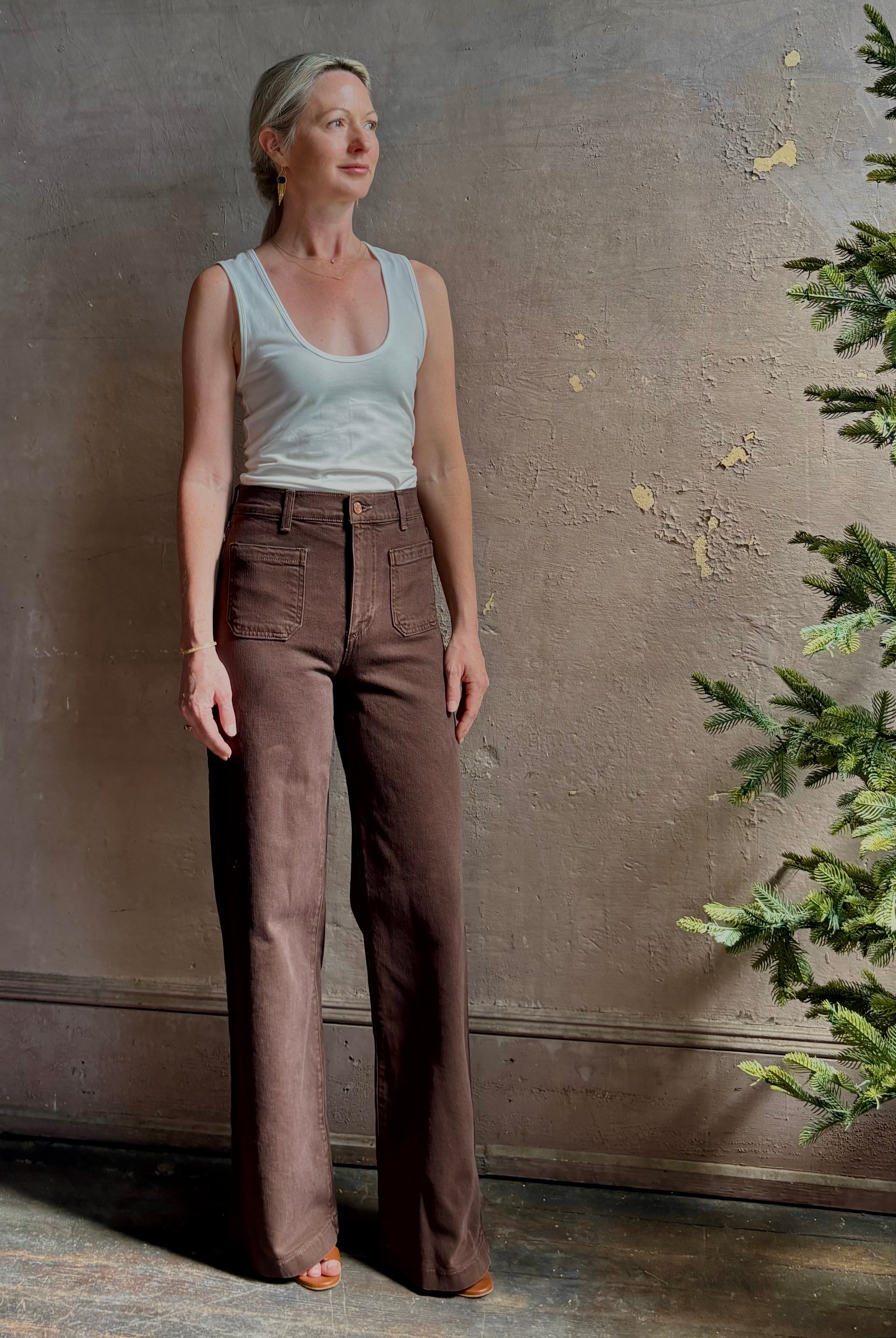 American made LE JEAN Virginia Wide Leg premium cotton rigid denim in chocolate brown front patch pockets