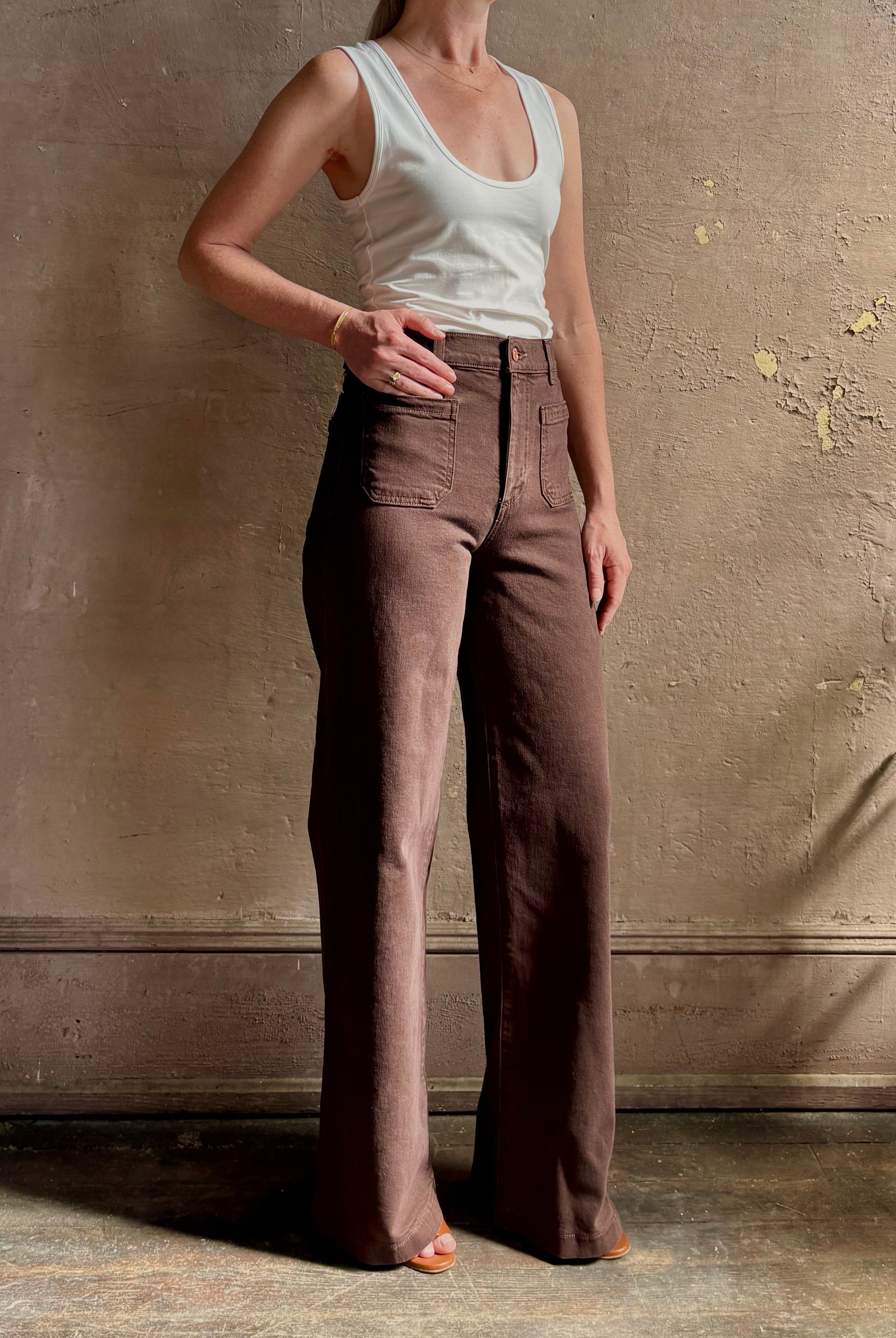 American made LE JEAN Virginia Wide Leg premium cotton rigid denim in chocolate brown front patch pockets