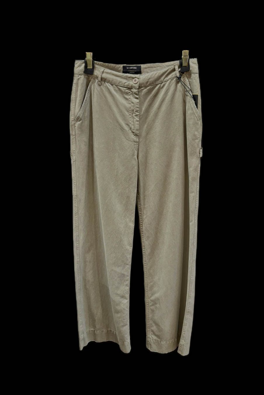 100% cotton Le Superbe werk pant with full length wide leg high rise zip closure and side pocket in green