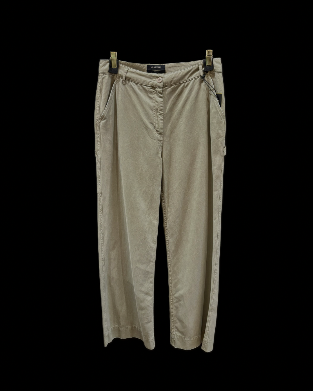 100% cotton Le Superbe werk pant with full length wide leg high rise zip closure and side pocket in green