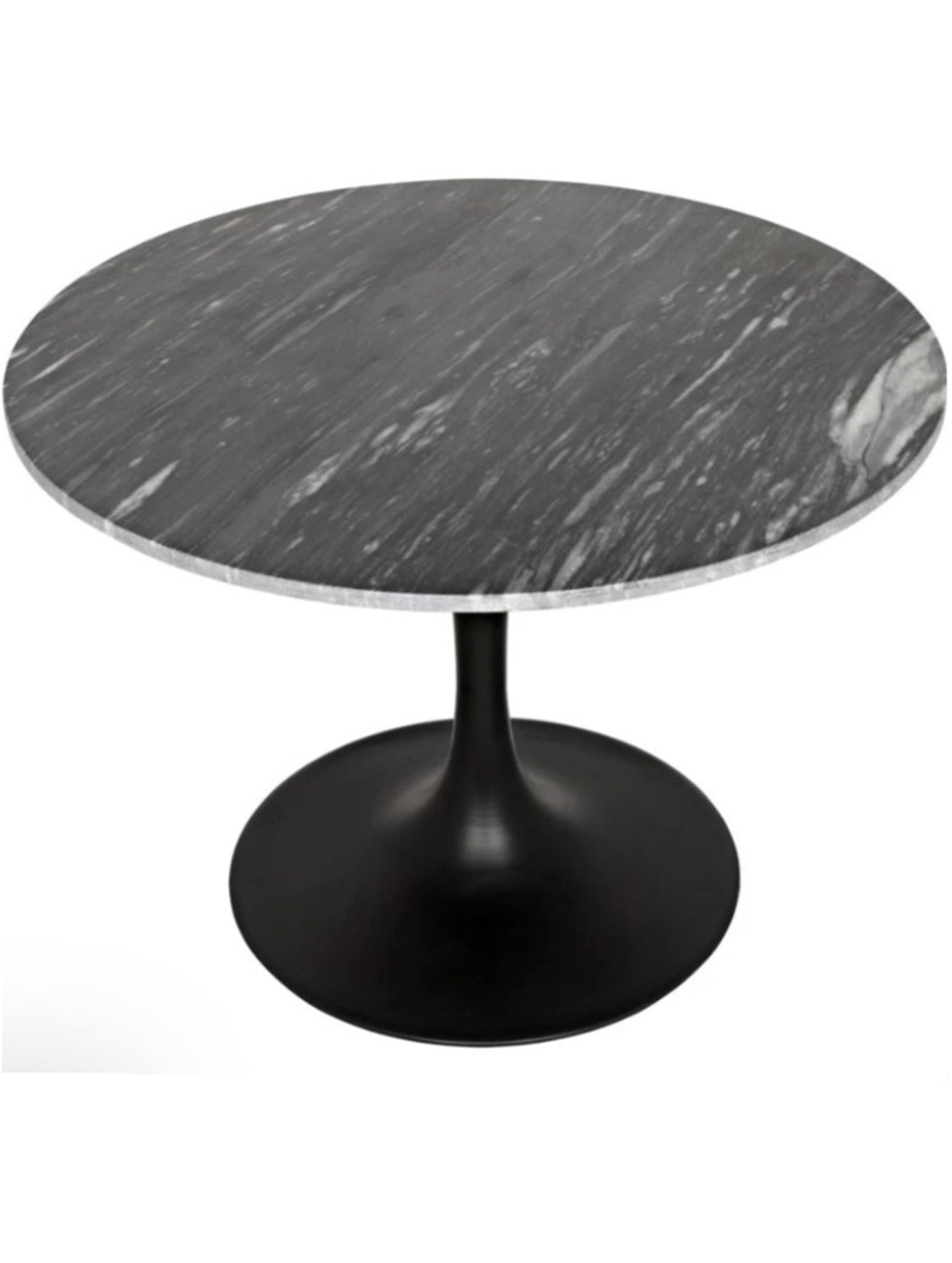 Small round tulip table with a black metal base and a gray marble top.