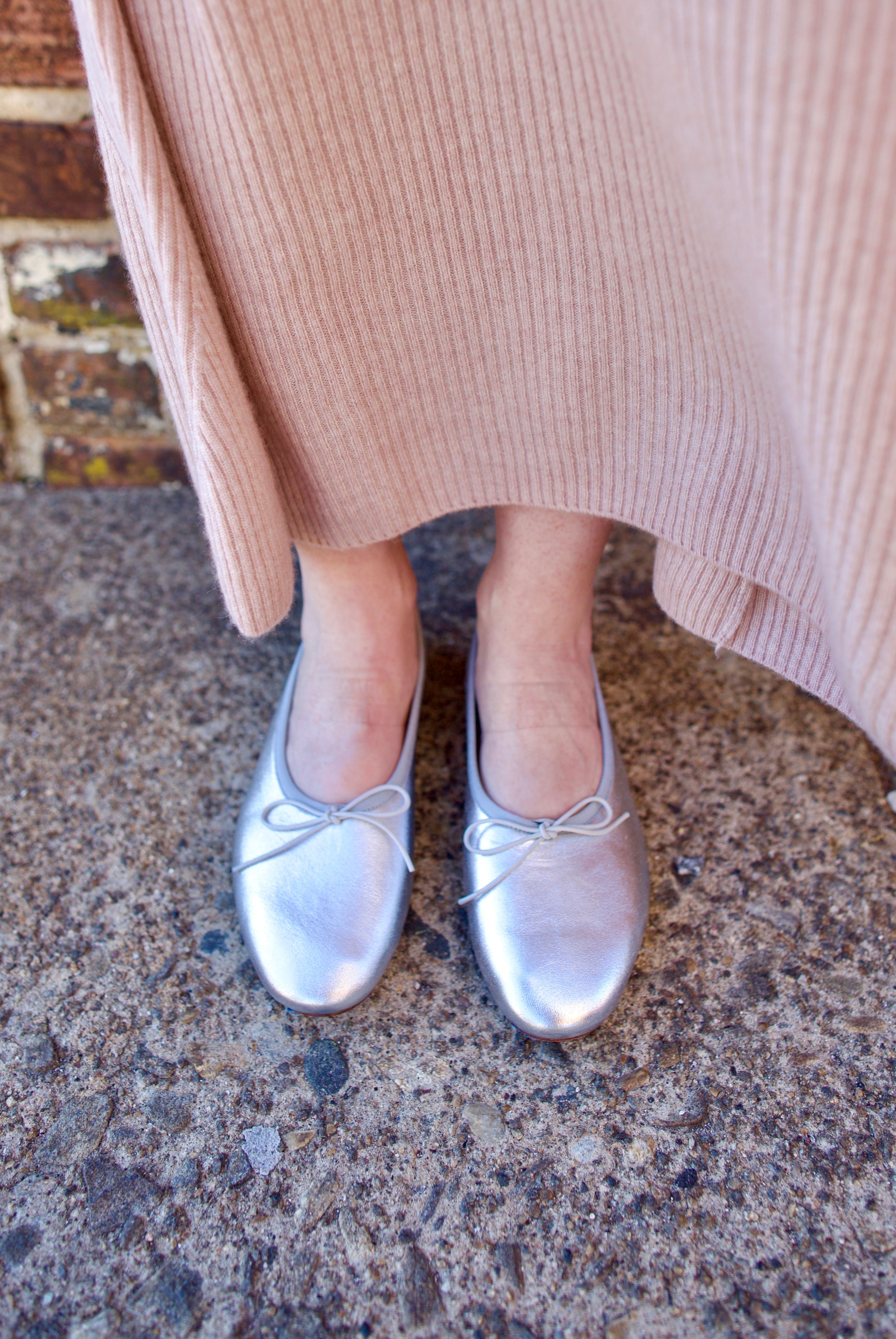 Mansur Gavriel Dream Ballerina Flats with a small bow round toe and flat heel in matte silver soft leather sole