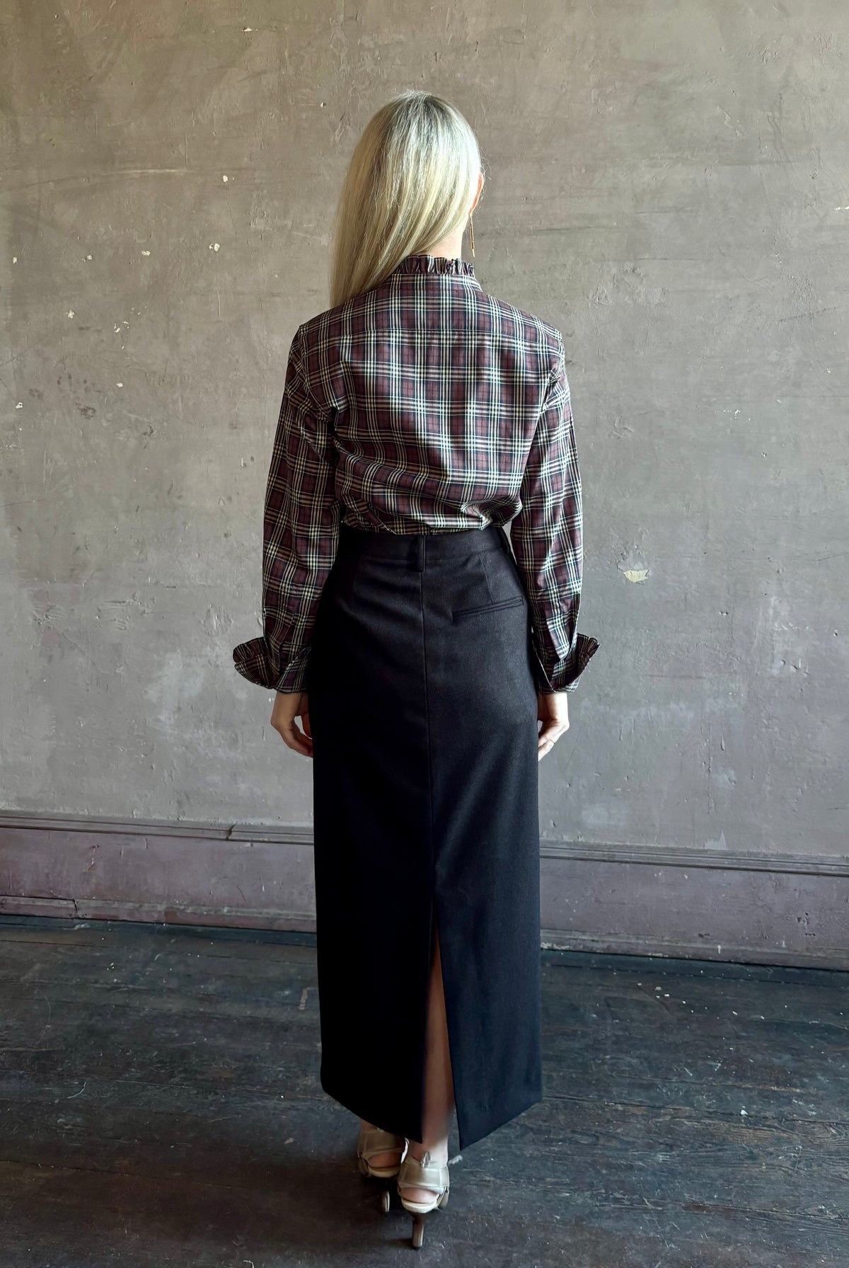 Nili Lotan’s Elio Cotton Plaid button down Shirt in Rustic Check with a mandarin collar and ruffle-trimmed cuffs long sleeves and lightweight perfet for luxury layering
