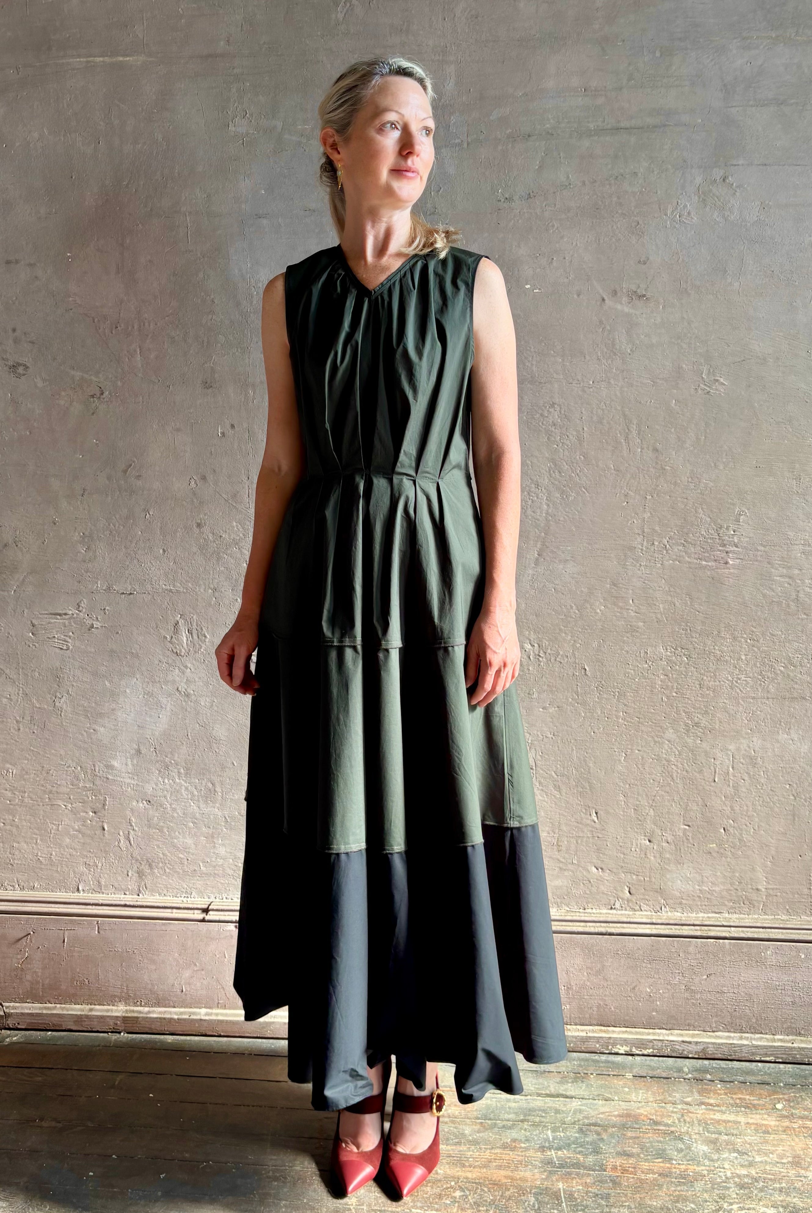 Proenza schouler Kailey maxi dress V-neck sleeveless pleated front bodice fitted natural waist full skirt with pockets