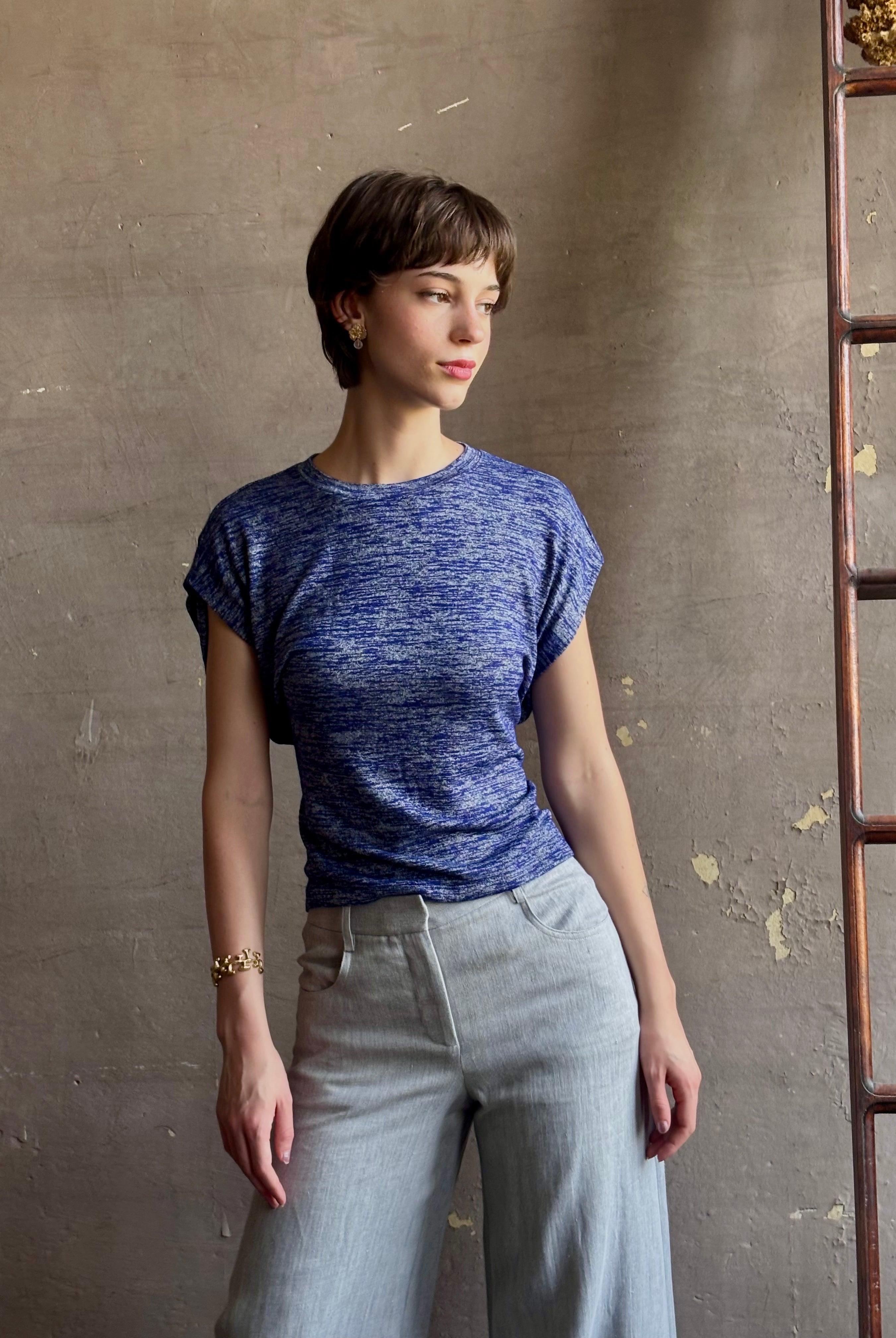Proenza Reeva elevated tee shirt comfortable stretch flattering cut blue melange short sleeve crew neck