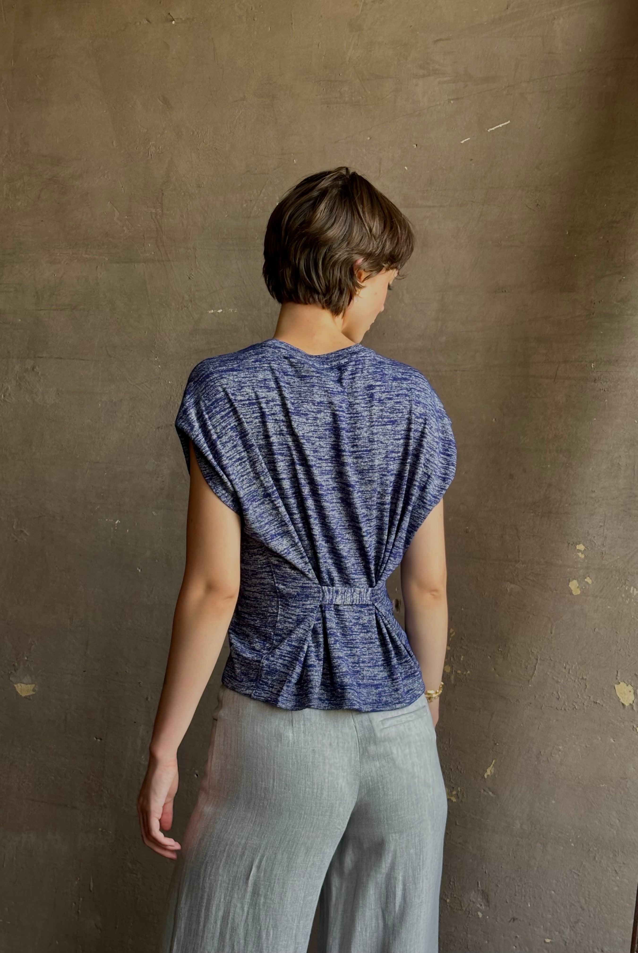 Proenza Reeva elevated tee shirt comfortable stretch flattering cut blue melange gathered back detail