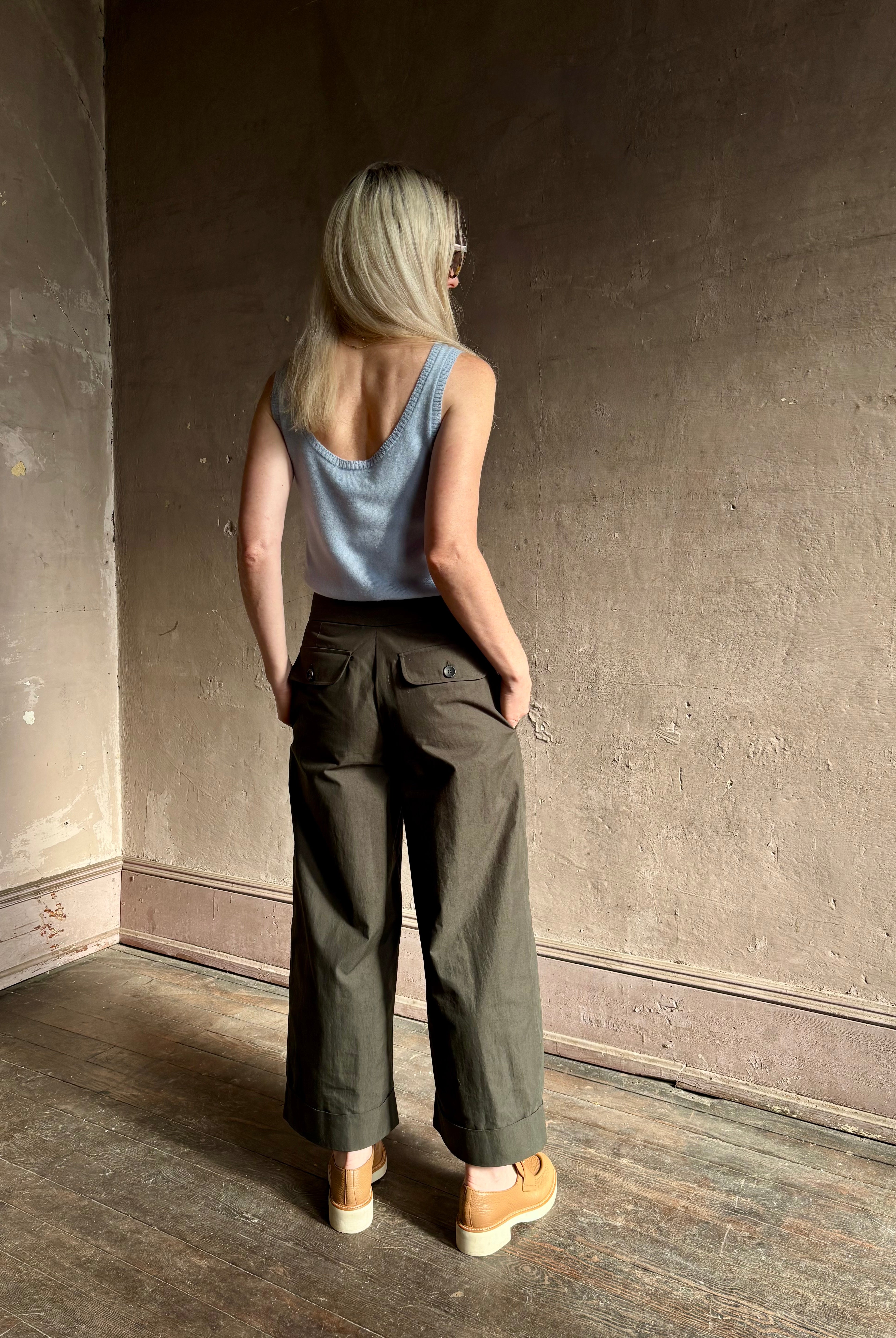 proenza schouler taila trouser cotton blend mid rise wide leg cuffed cropped relaxed fit green back flat trouser pockets