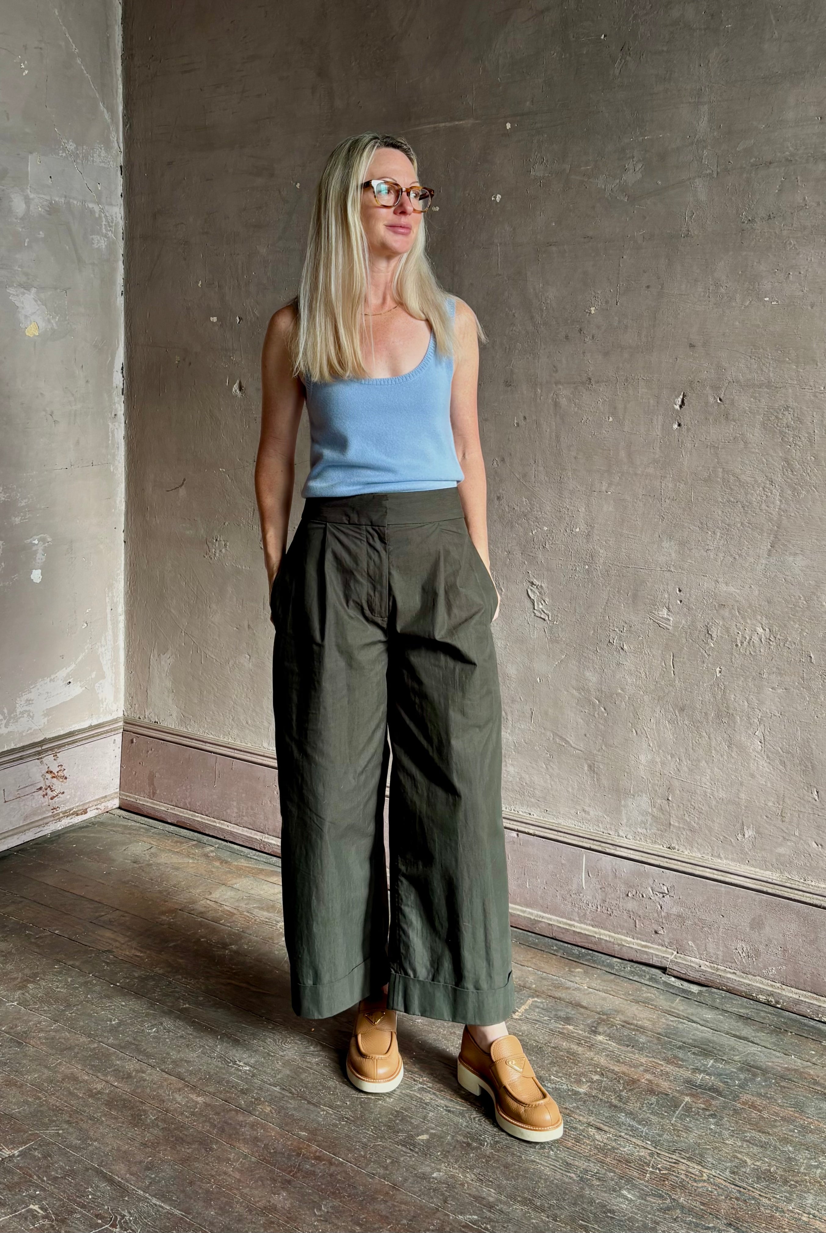 proenza schouler taila green trouser cotton blend mid rise wide leg cuffed cropped relaxed fit casual streetwear