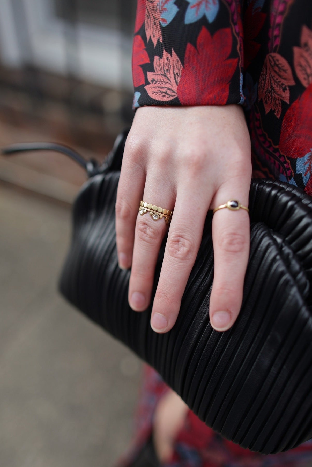 Image featuring fine jeweler Ananda Khalsa Large White Diamond 18k hammered matte Gold Side Trios Ring in premium handcrafted construction