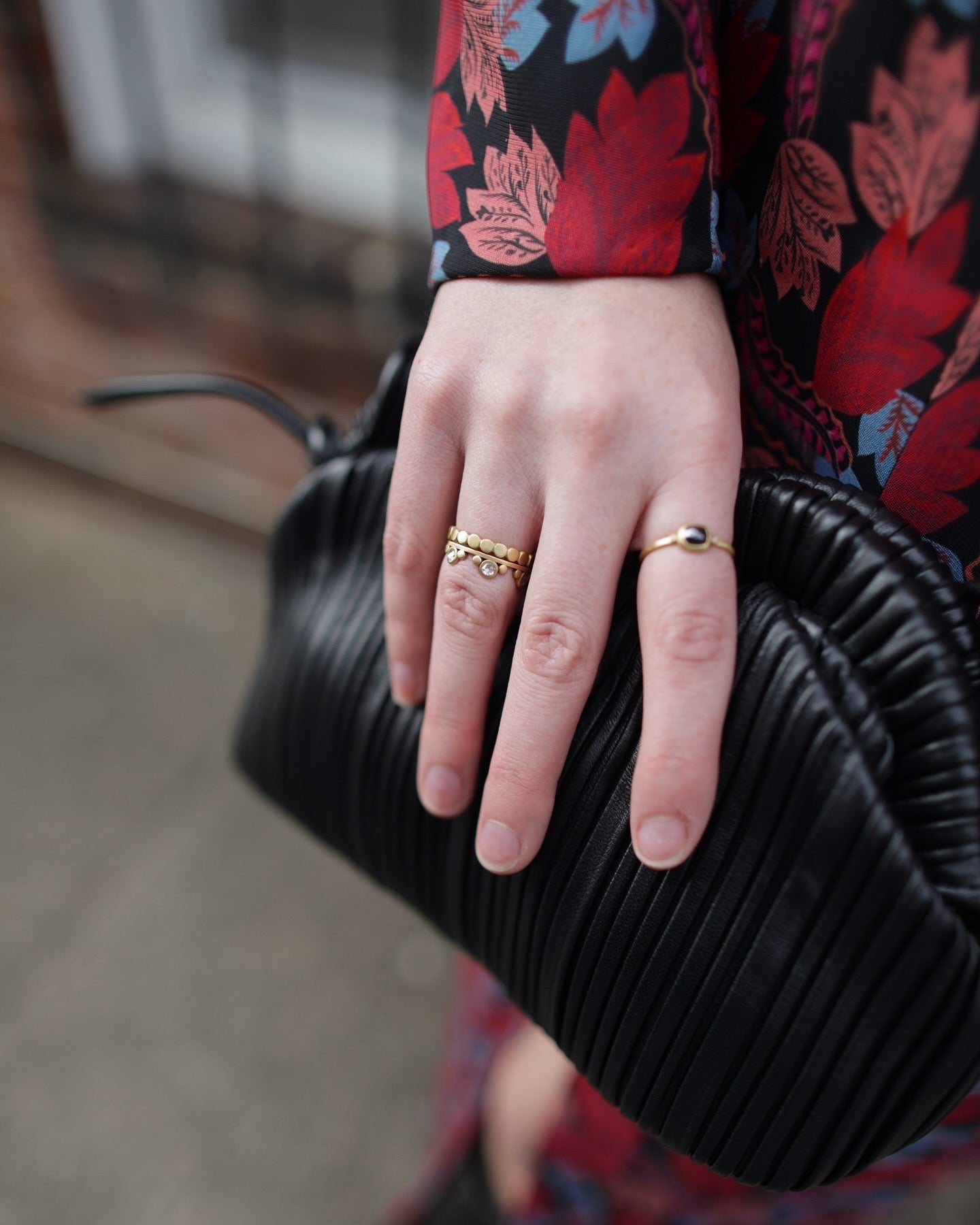 Image featuring fine jeweler Ananda Khalsa Large White Diamond 18k hammered matte Gold Side Trios Ring in premium handcrafted construction