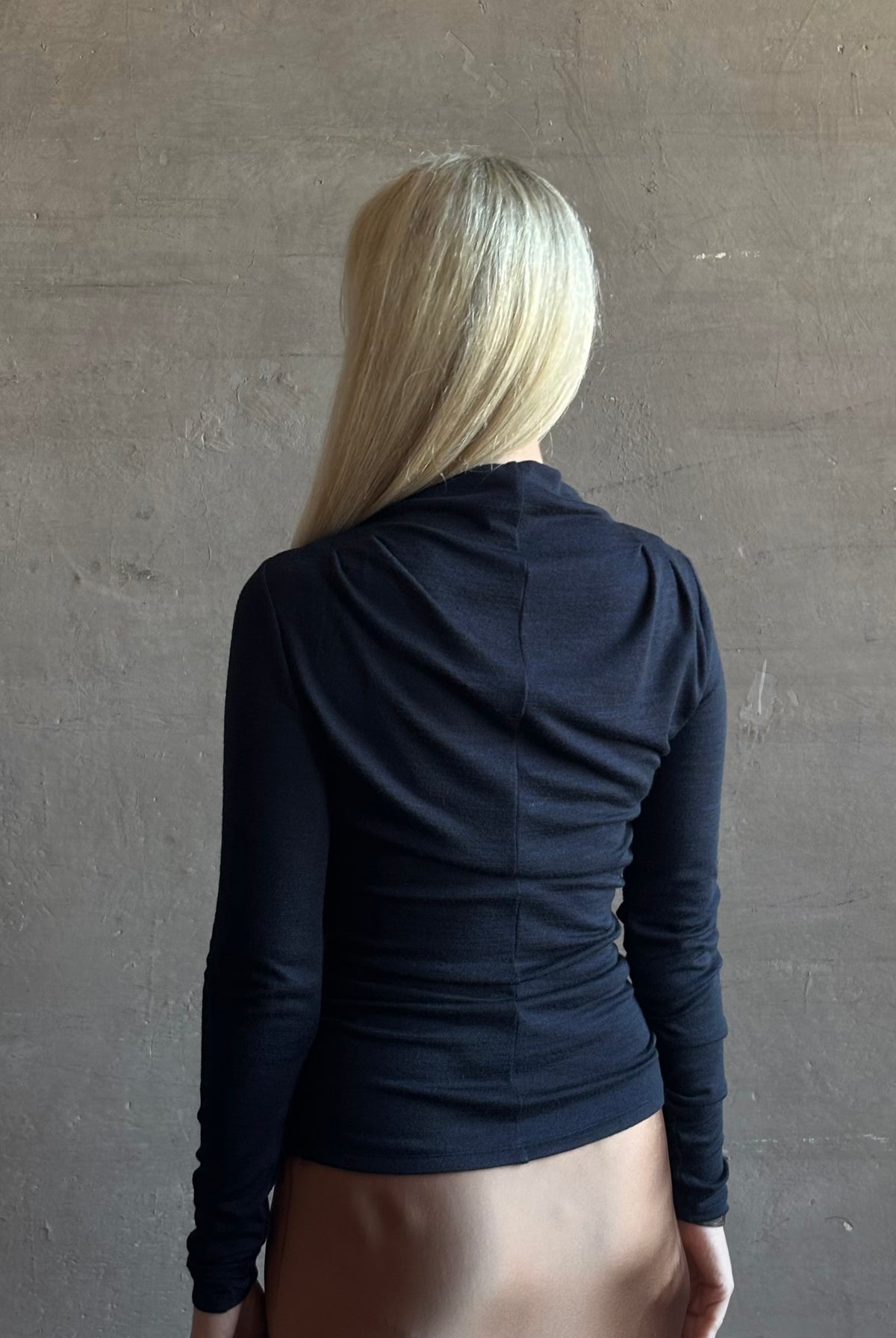 Back image close up detail showing Proenza Schouler Mini Jersey Top back details shoulder pleats, fluid draping and fabric seam down center