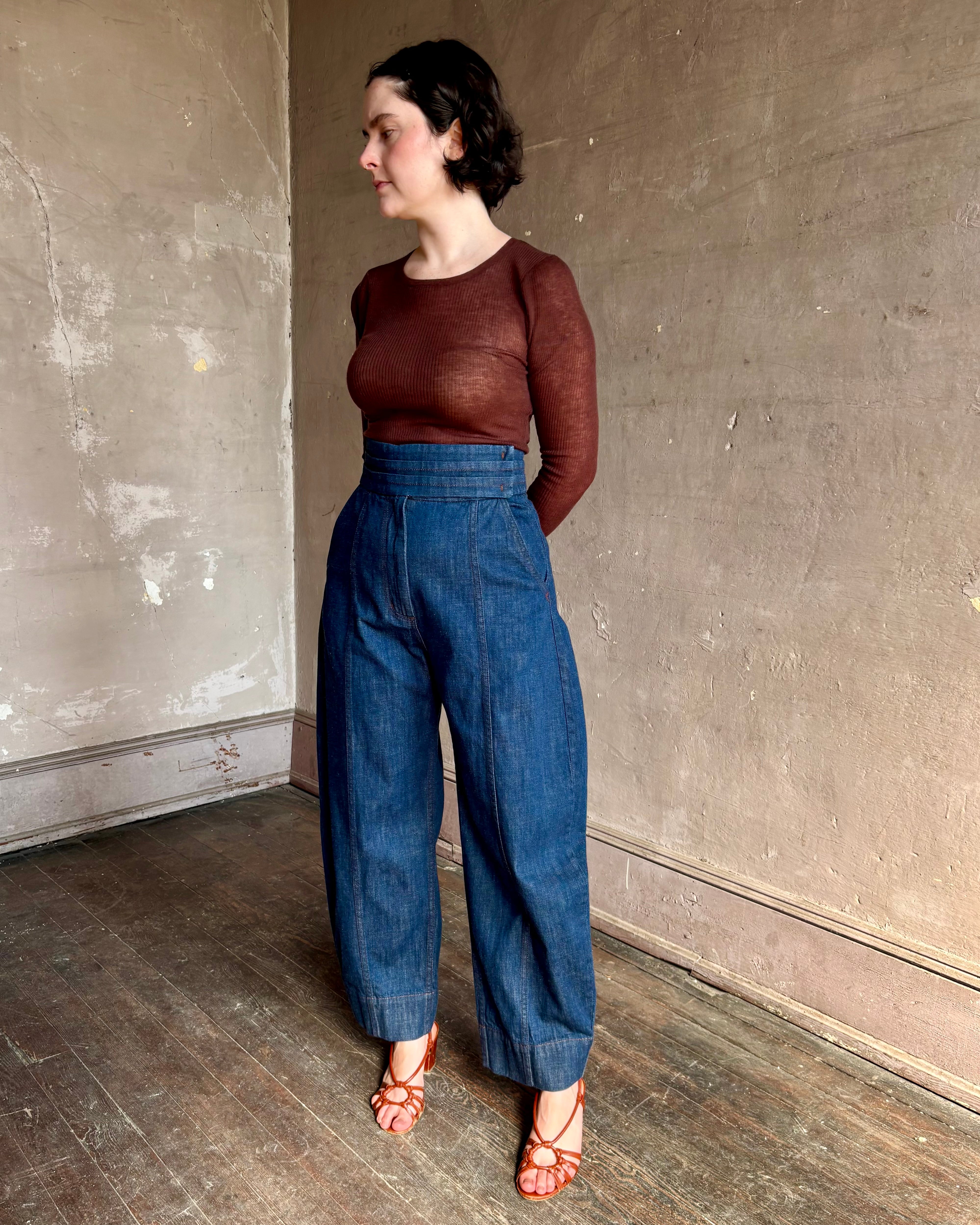 Rachel Comey sculptural high-rise dark wash denim with a built-in cummerbund-style waist barrel leg