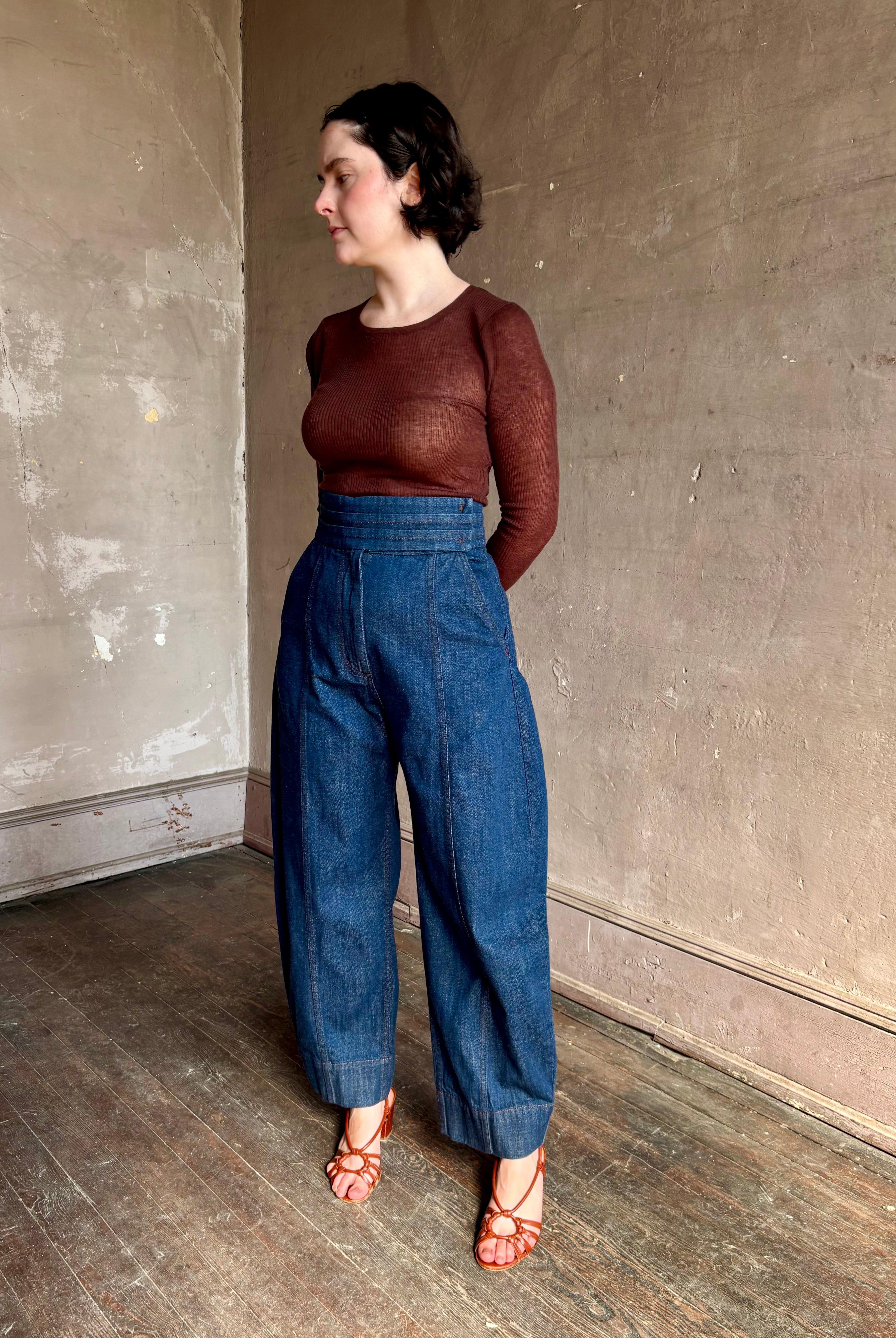 Rachel Comey sculptural high-rise dark wash denim with a built-in cummerbund-style waist barrel leg