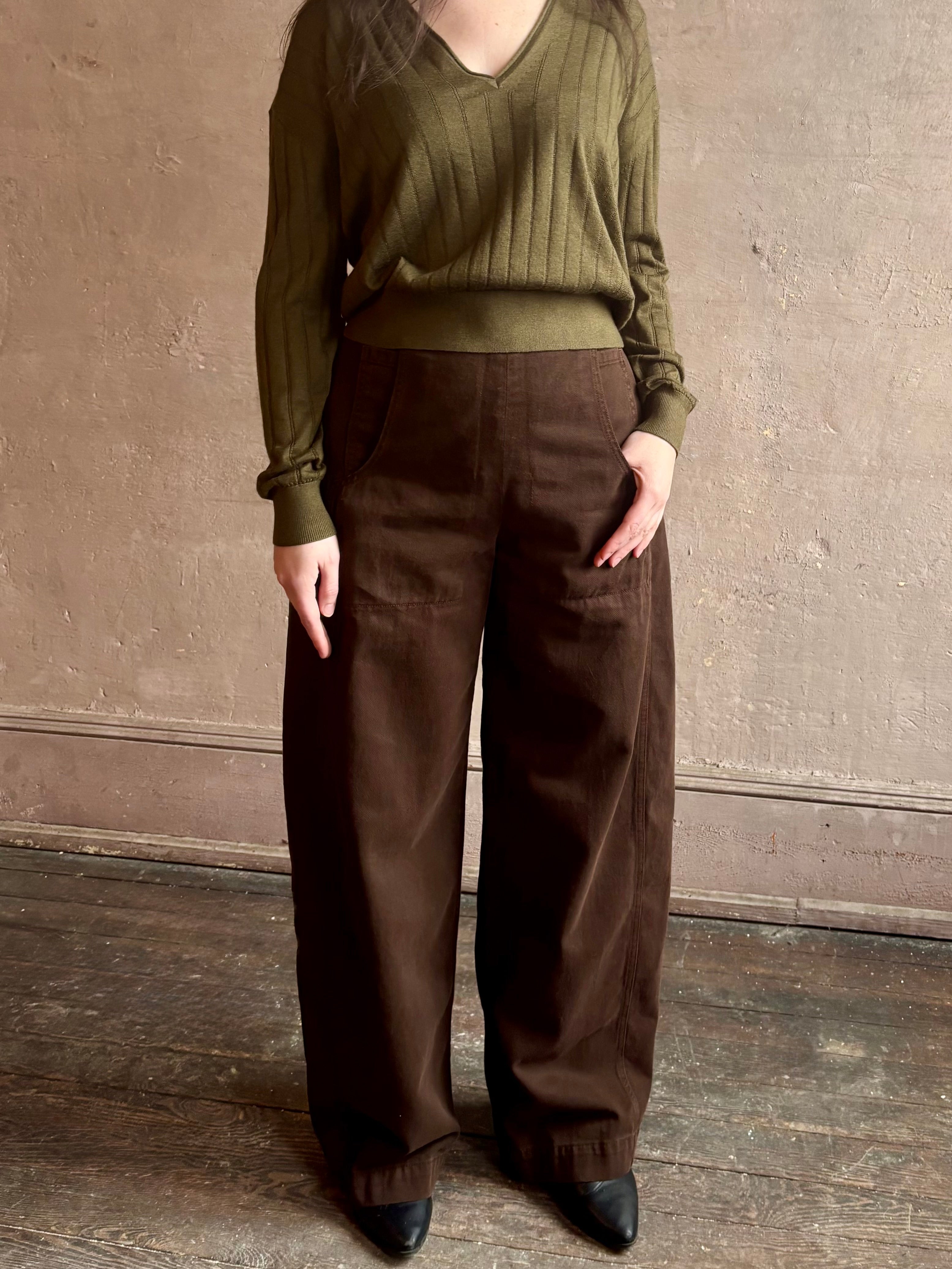 Image of woman wearing Rachel Comey chocolate brown American made premium cotton Tany Pant