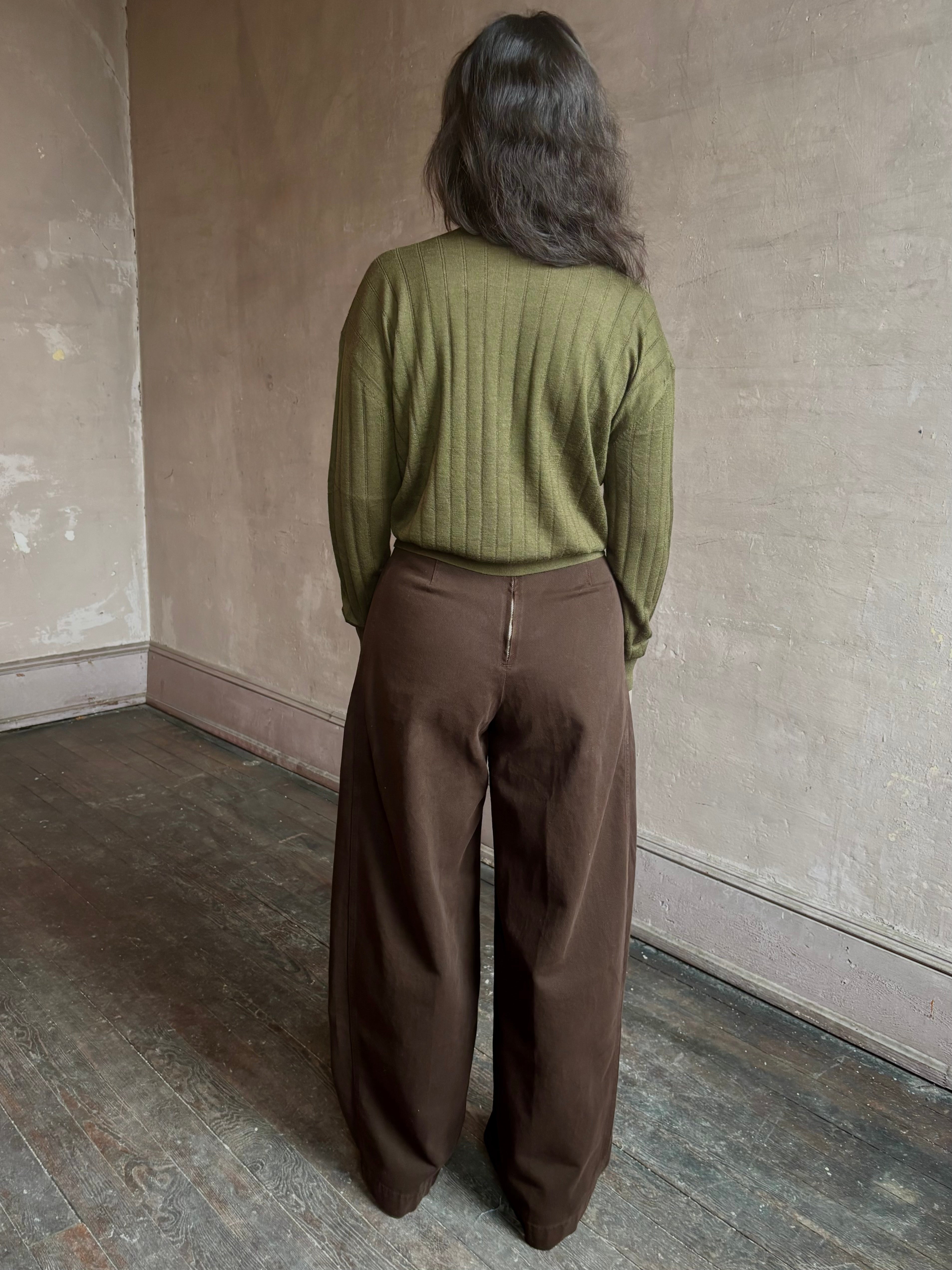 Image of woman wearing Rachel Comey chocolate brown American made premium cotton Tany Pant